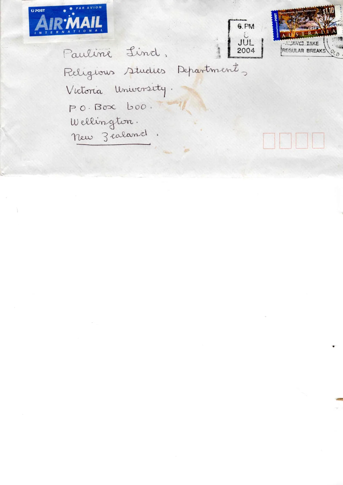 2004 Letter from Bill Liddell to New Zealand researcher Polly Lind