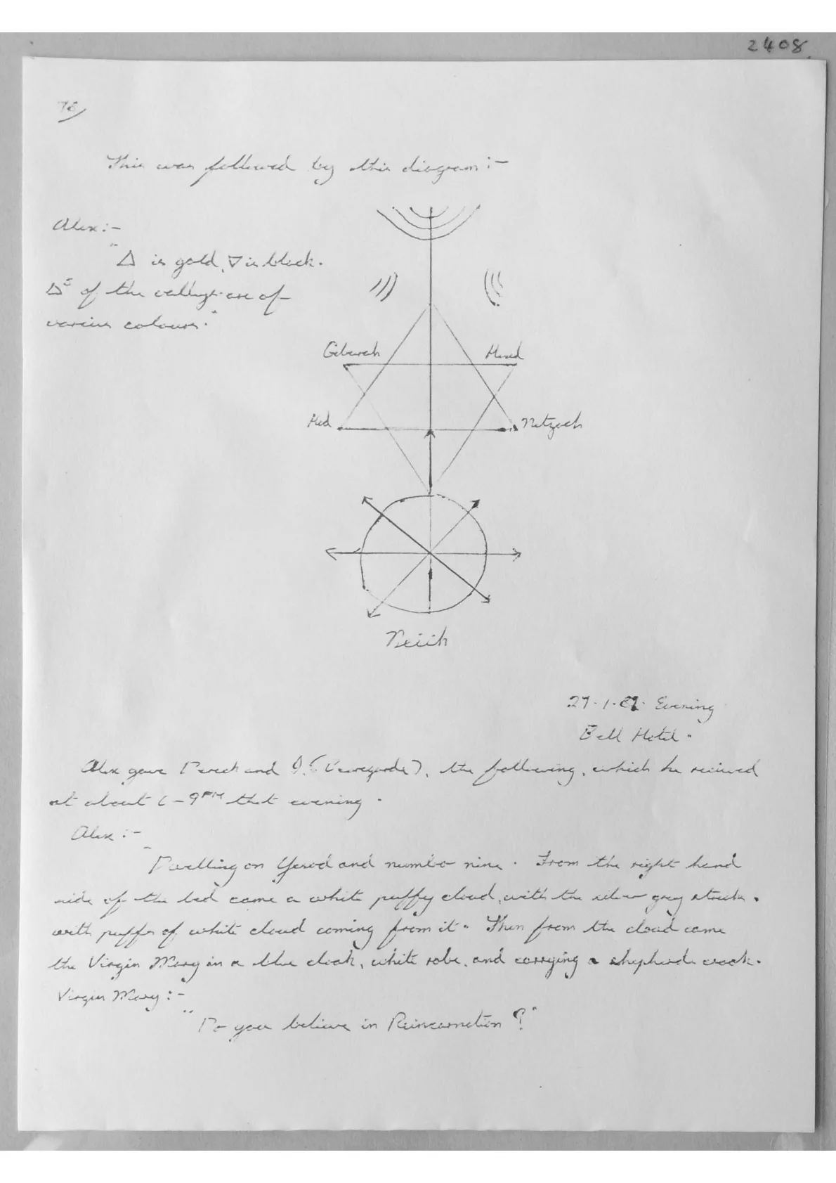 Alex Sanders trance notes with diagram. Doc 2408