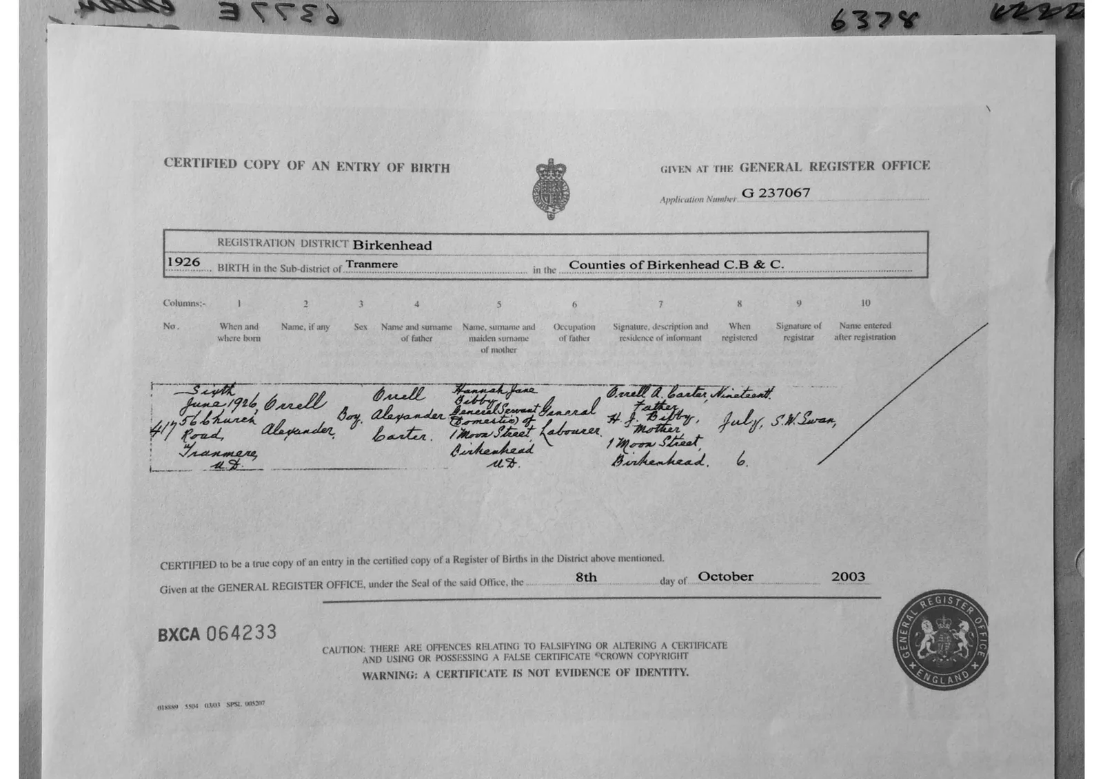Alex Sanders' Birth certificate