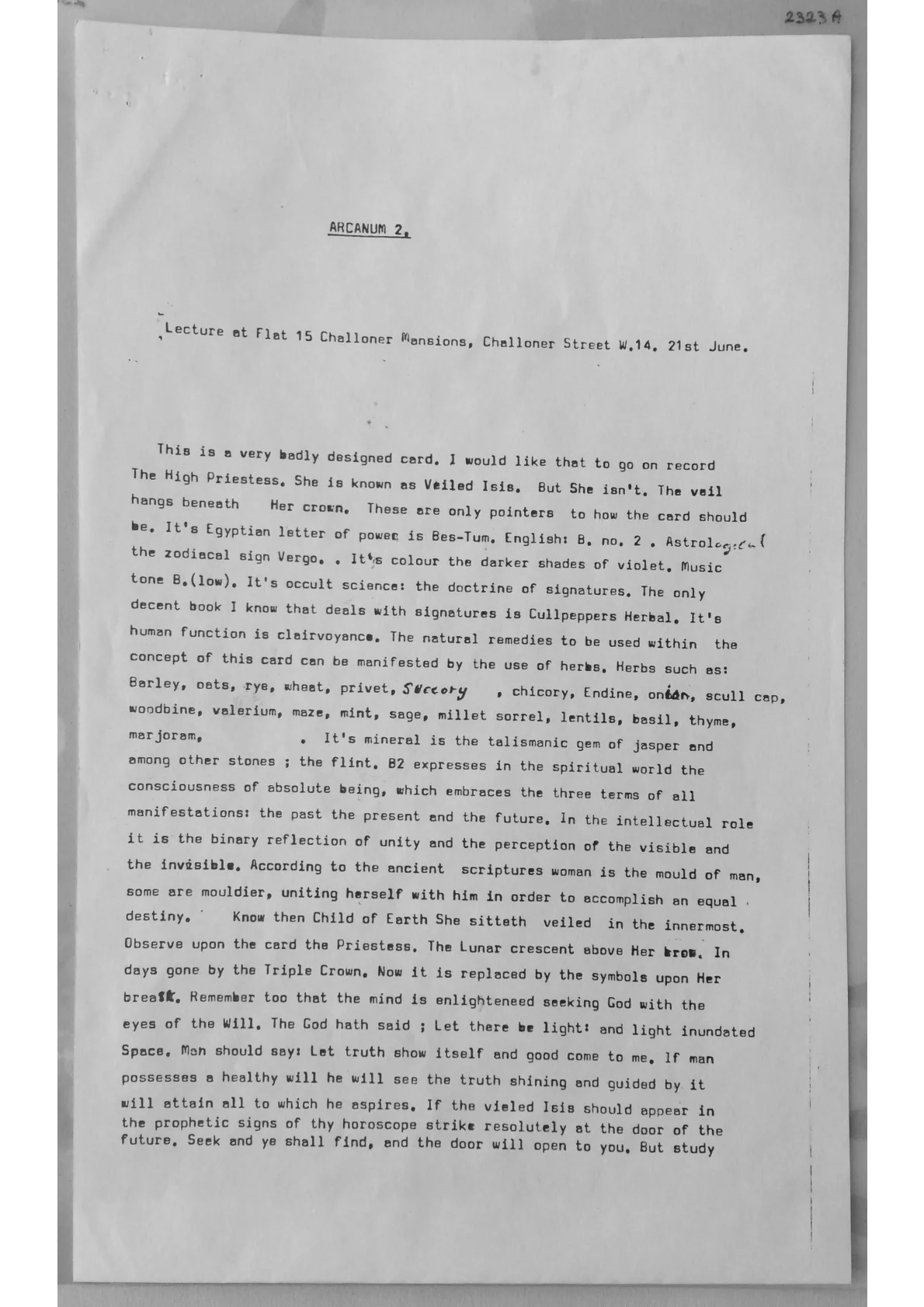 Lecture at Flat 15. Arcanum 2, document 2323 a/c