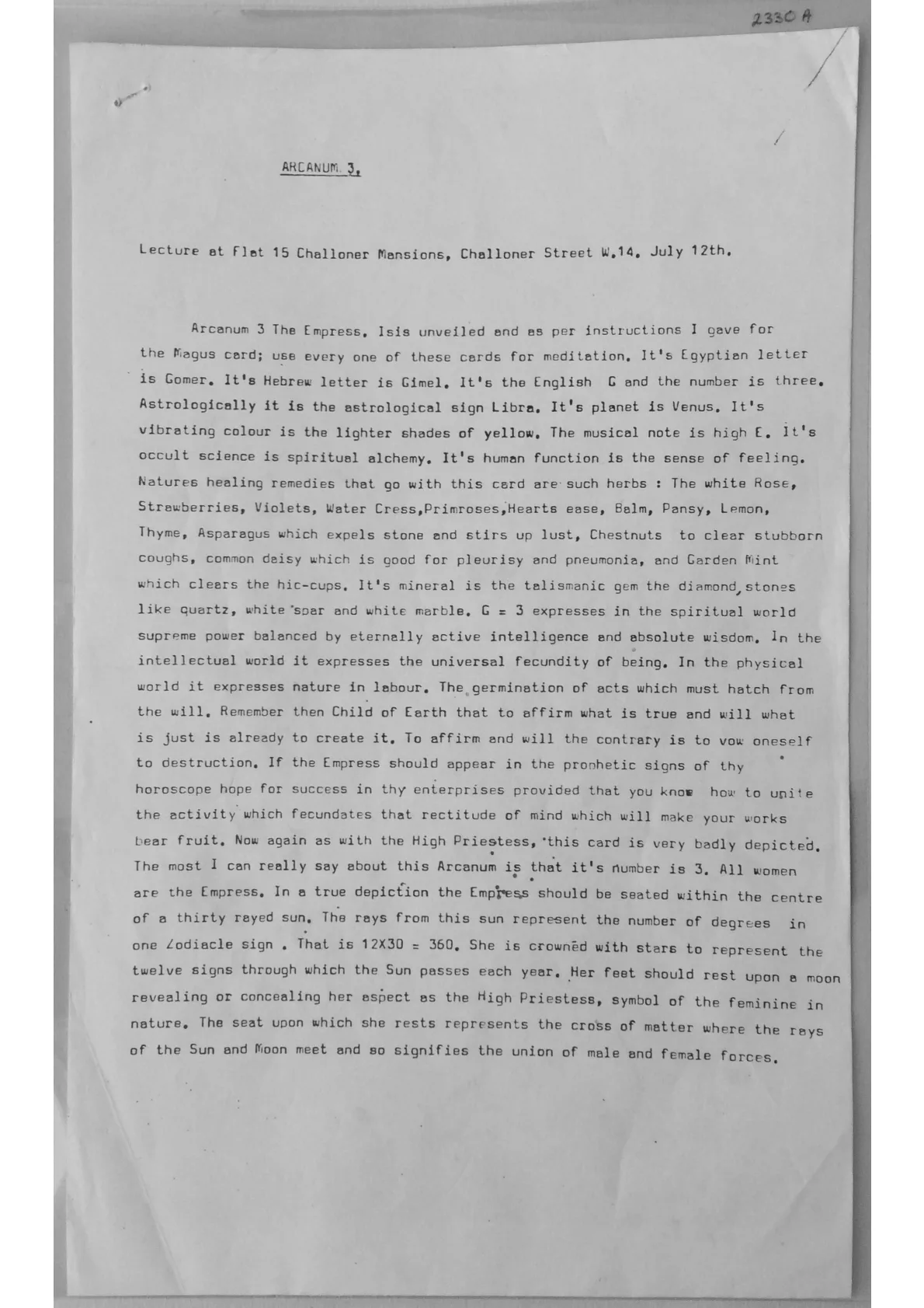 Alex Sanders (attributed), "Arcanum 3 [Empress Tarot card]." Lecture typescript, 12 July 196?, document 2330, 2331