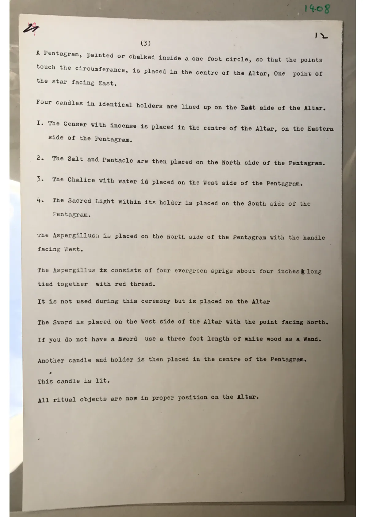 Anonymous, "[Arranging the altar and tools]." Page 12 of undated typescript from a Book of Shadows