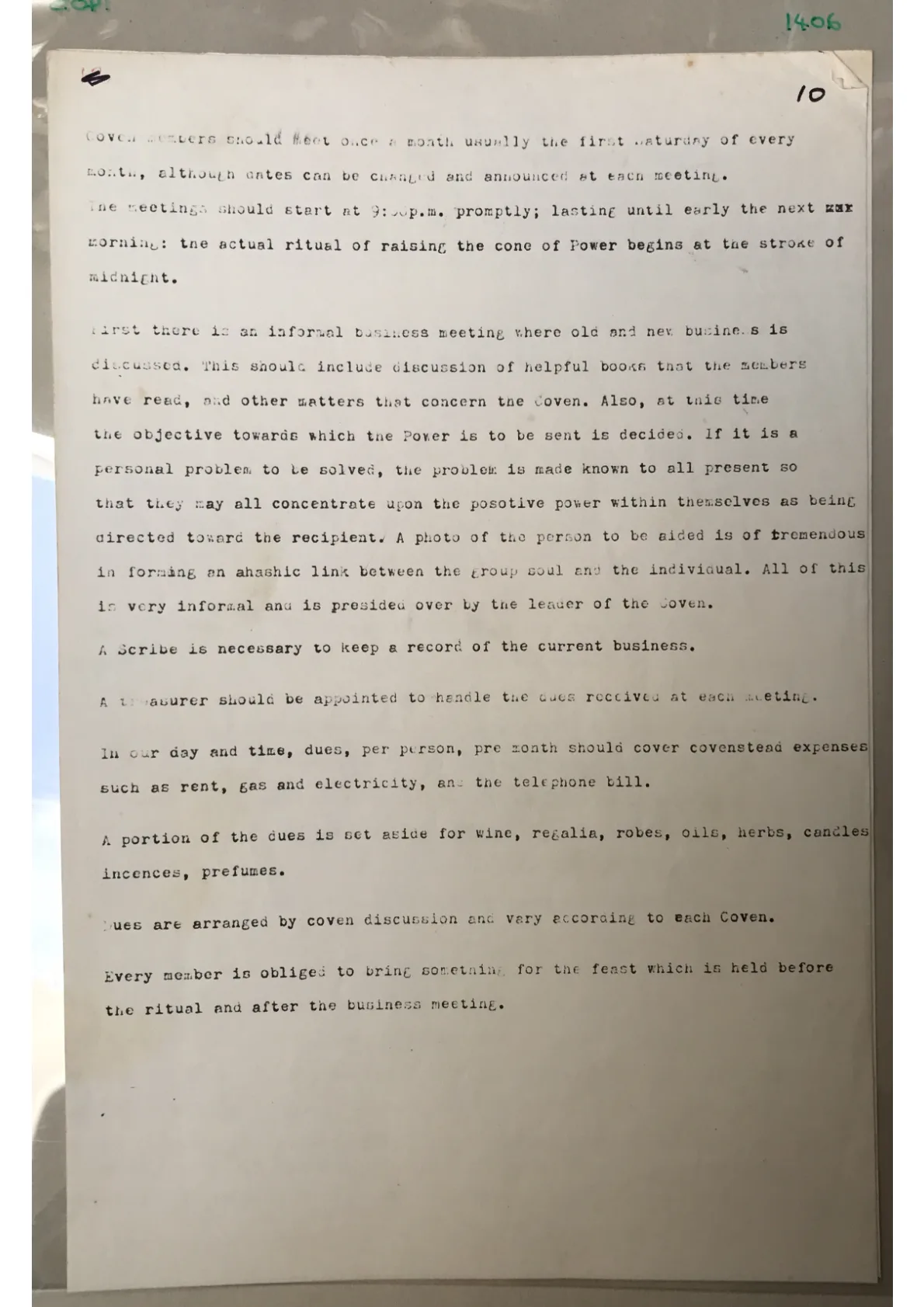 Anonymous, "[Record keeping at coven meetings]." Page 10 of undated typescript from a Book of Shadows