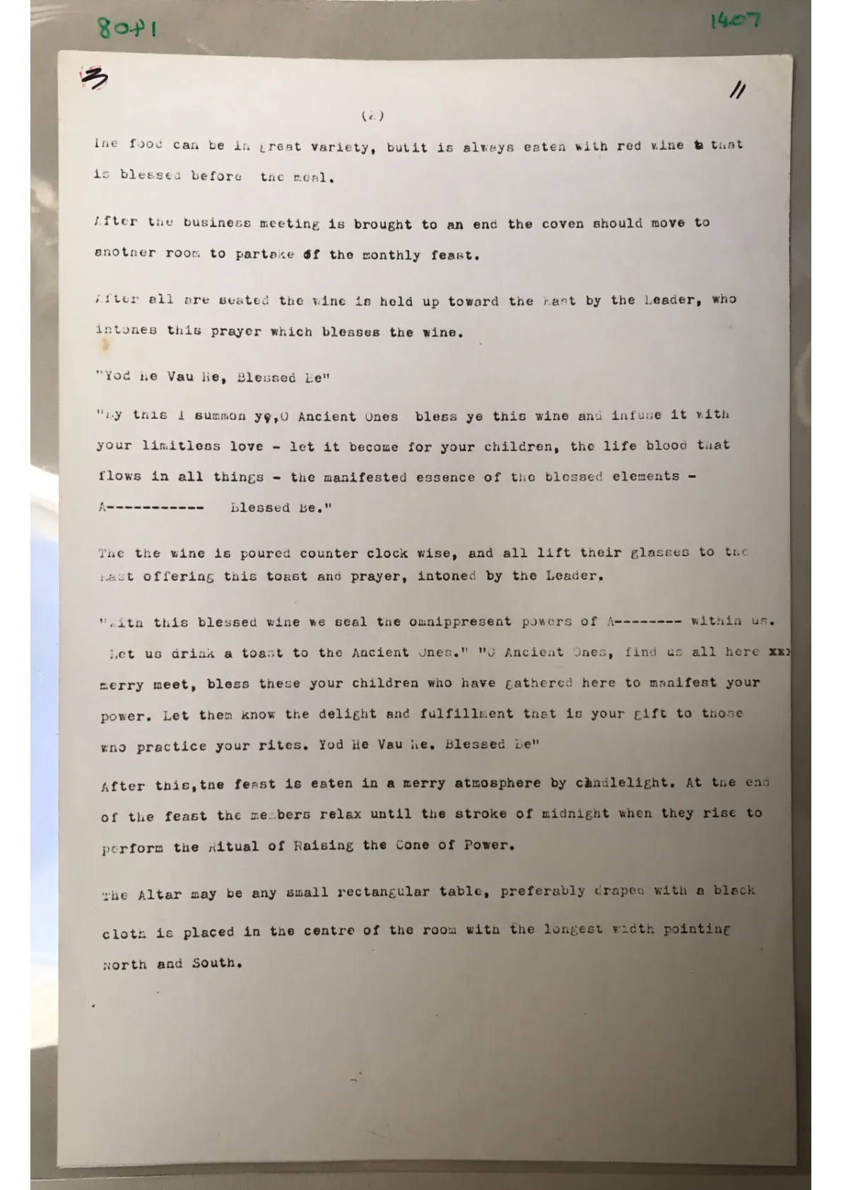Anonymous, "[Consecration of the wine]." Page 11 of undated typescript from a Book of Shadows