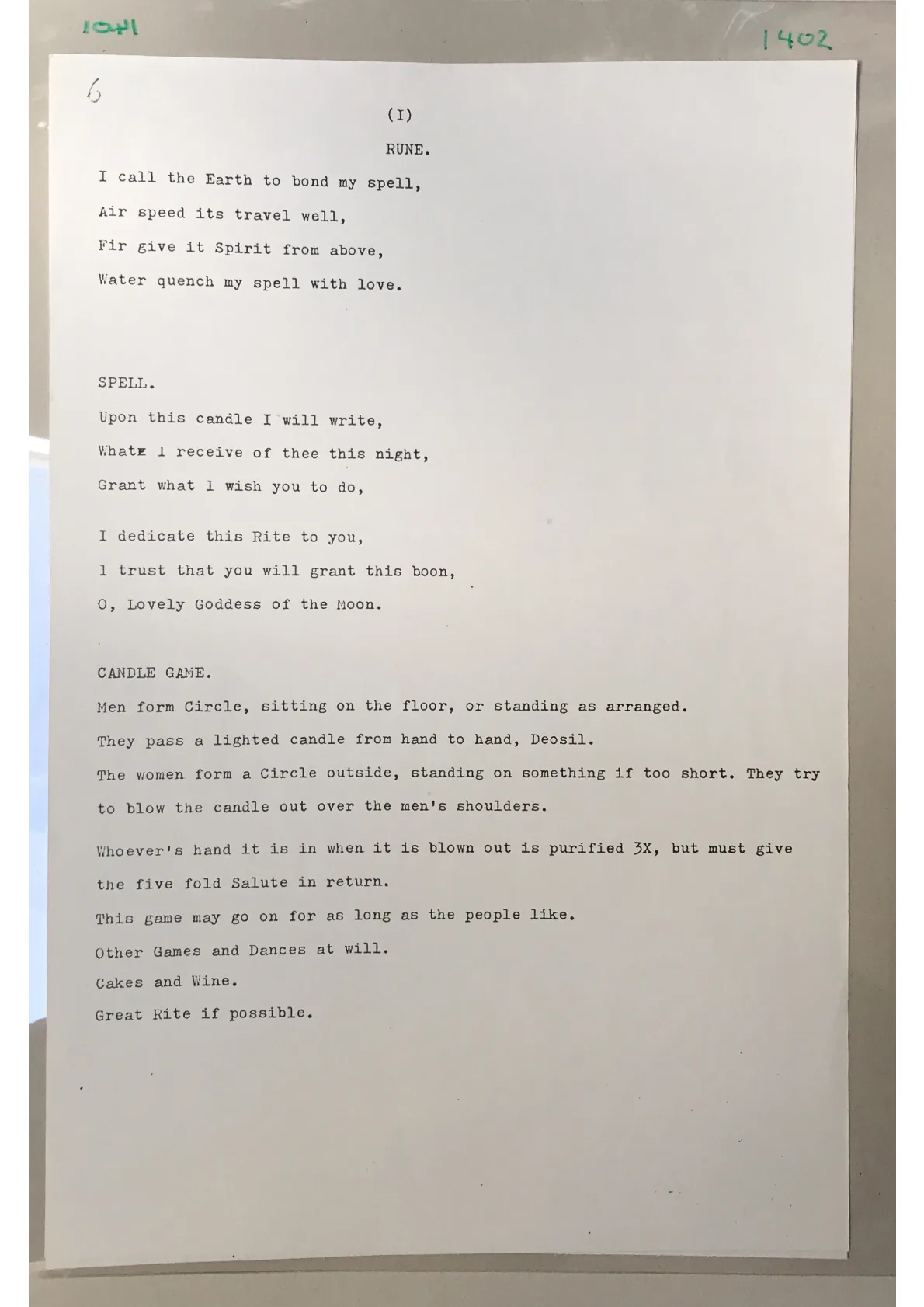 Anonymous, "[Misc. chants and spells]." Pages 6 & 7 of an undated typescript from a Book of Shadows
