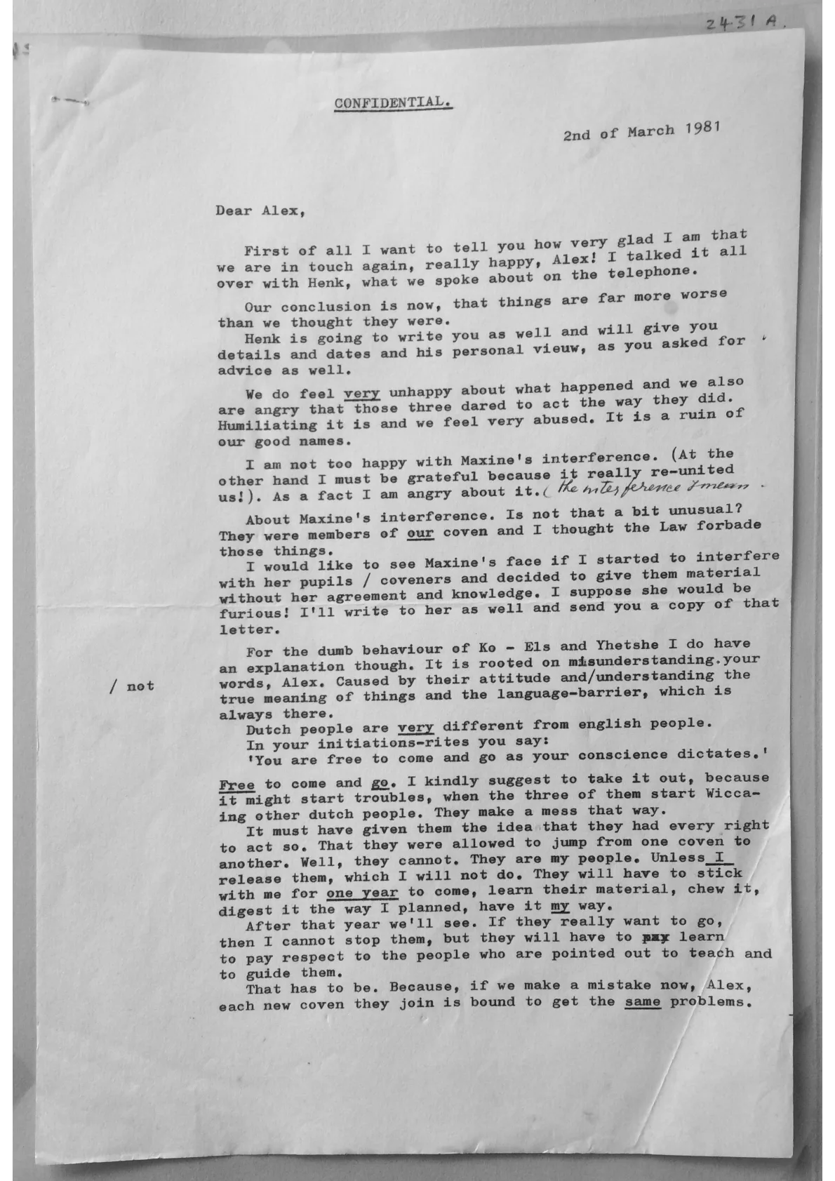 Letter to Alex Sanders from Catherine - Confidential, document 2431 a/d