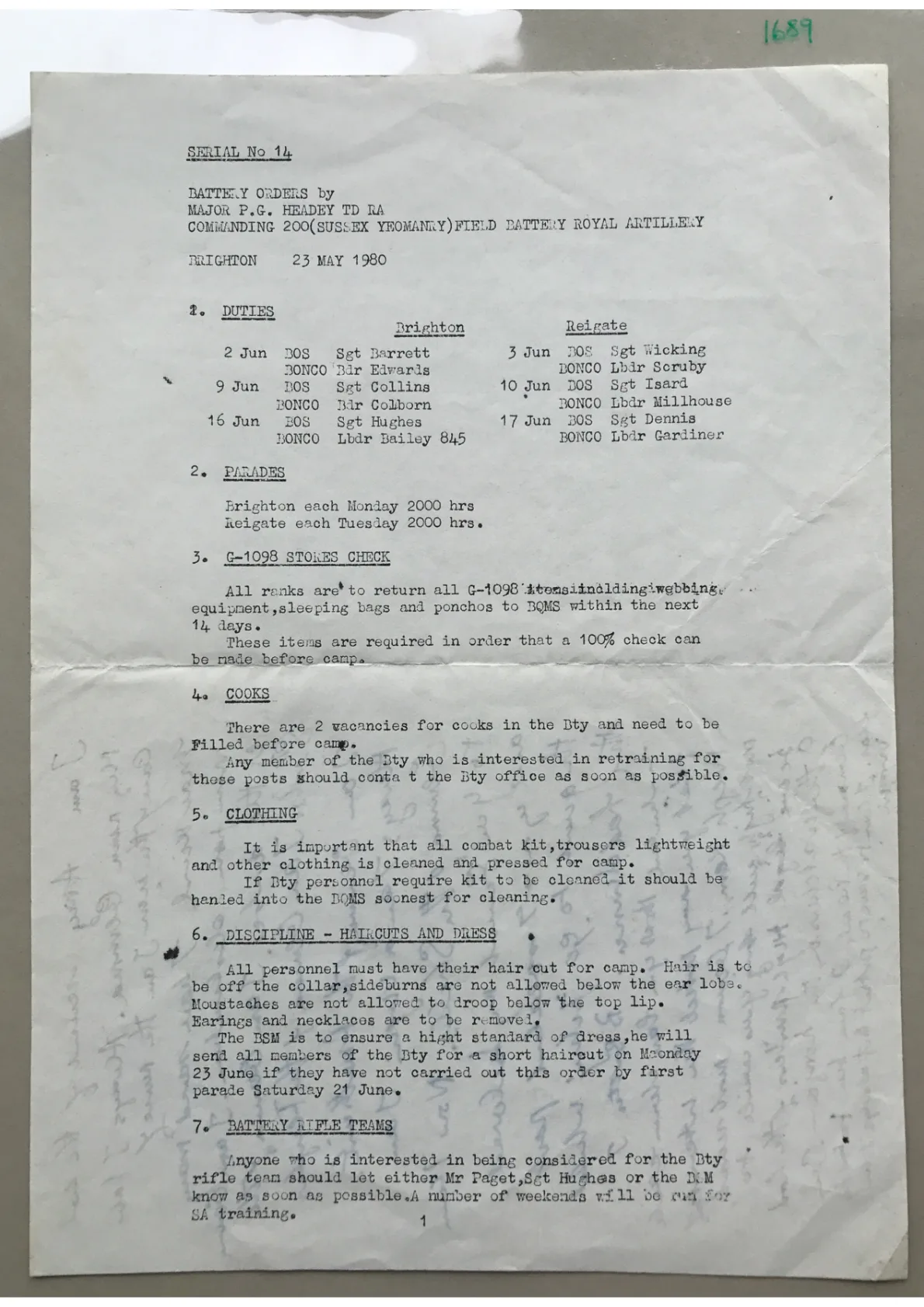 Document 1689: Battery Orders - Handwritten notes