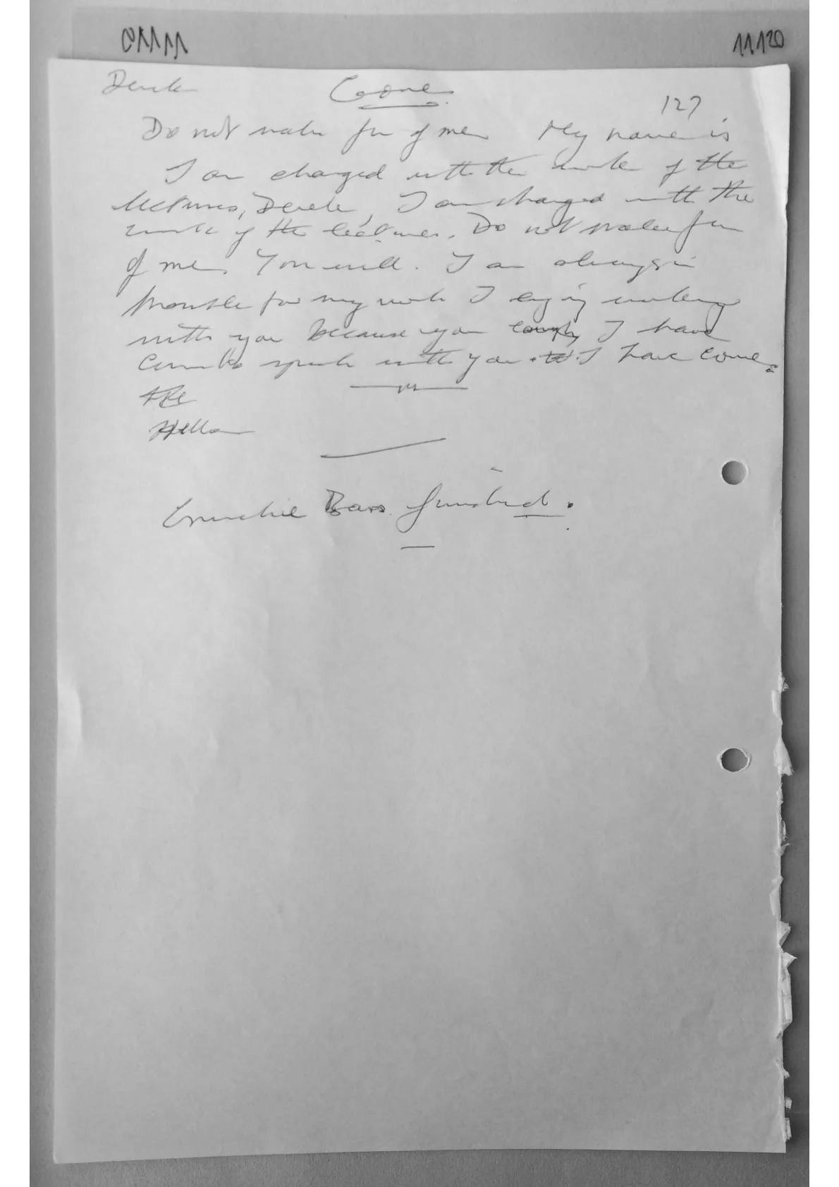 Hand written note regarding Derek Taylor