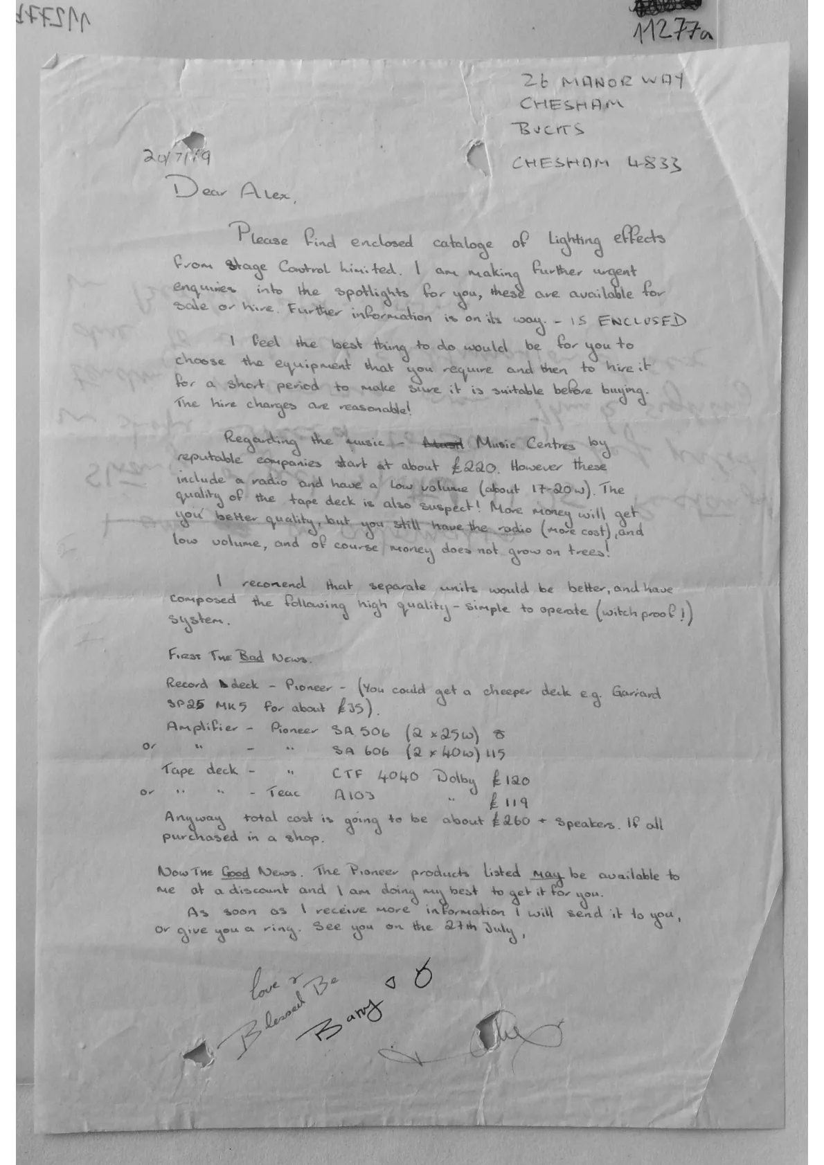 Handwritten letter addressed to Alex Sanders regarding items he desires