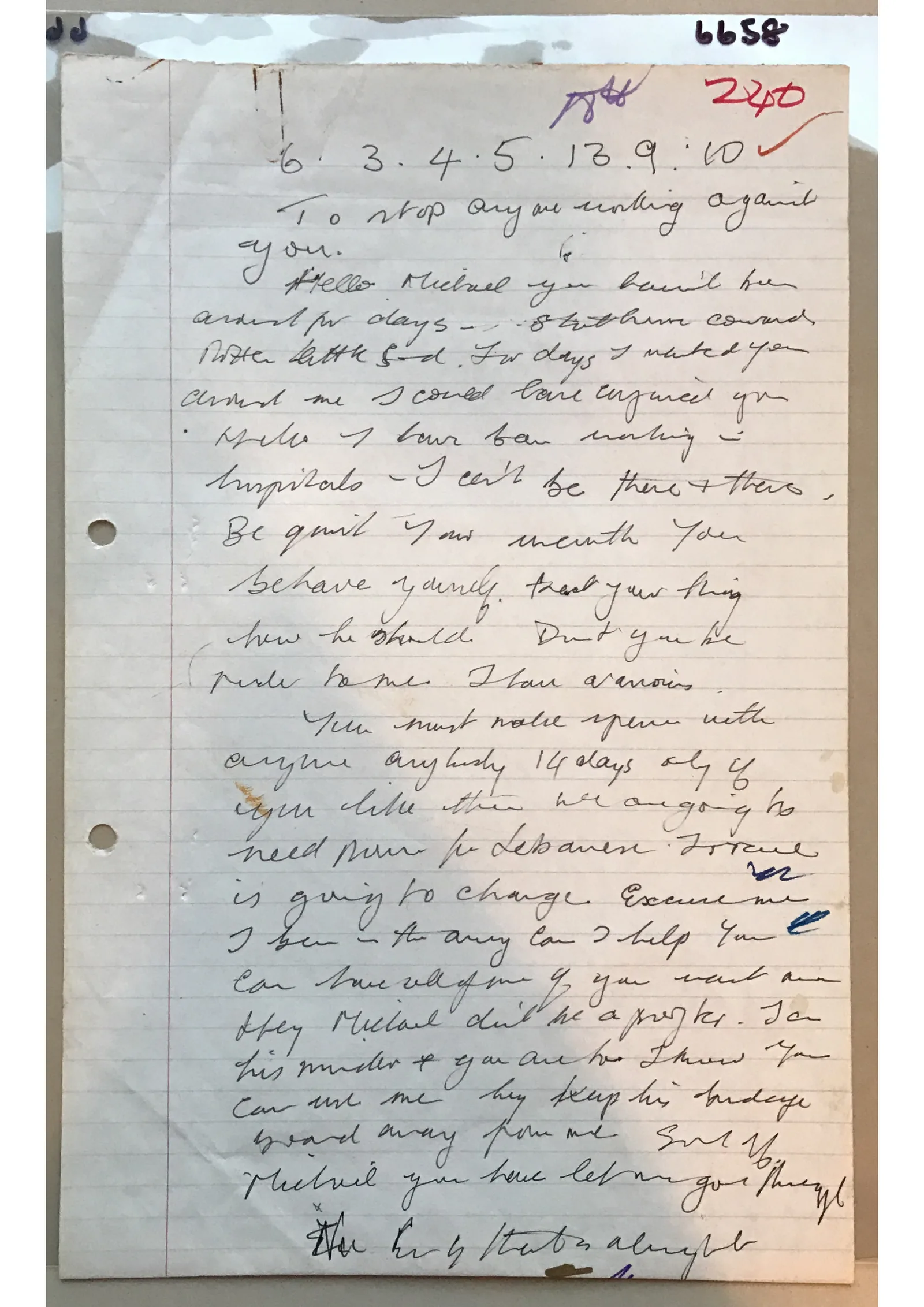 Handwritten notes - 6.3.4.5.13.9.10, document 6658