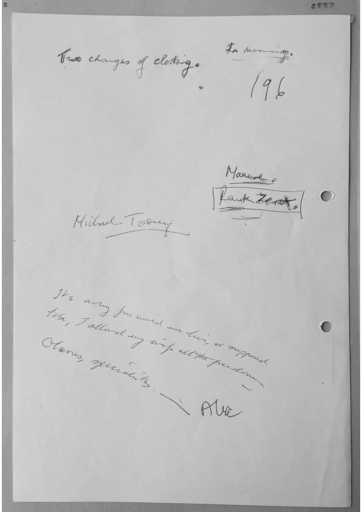 Handwritten notes. Doc 2557