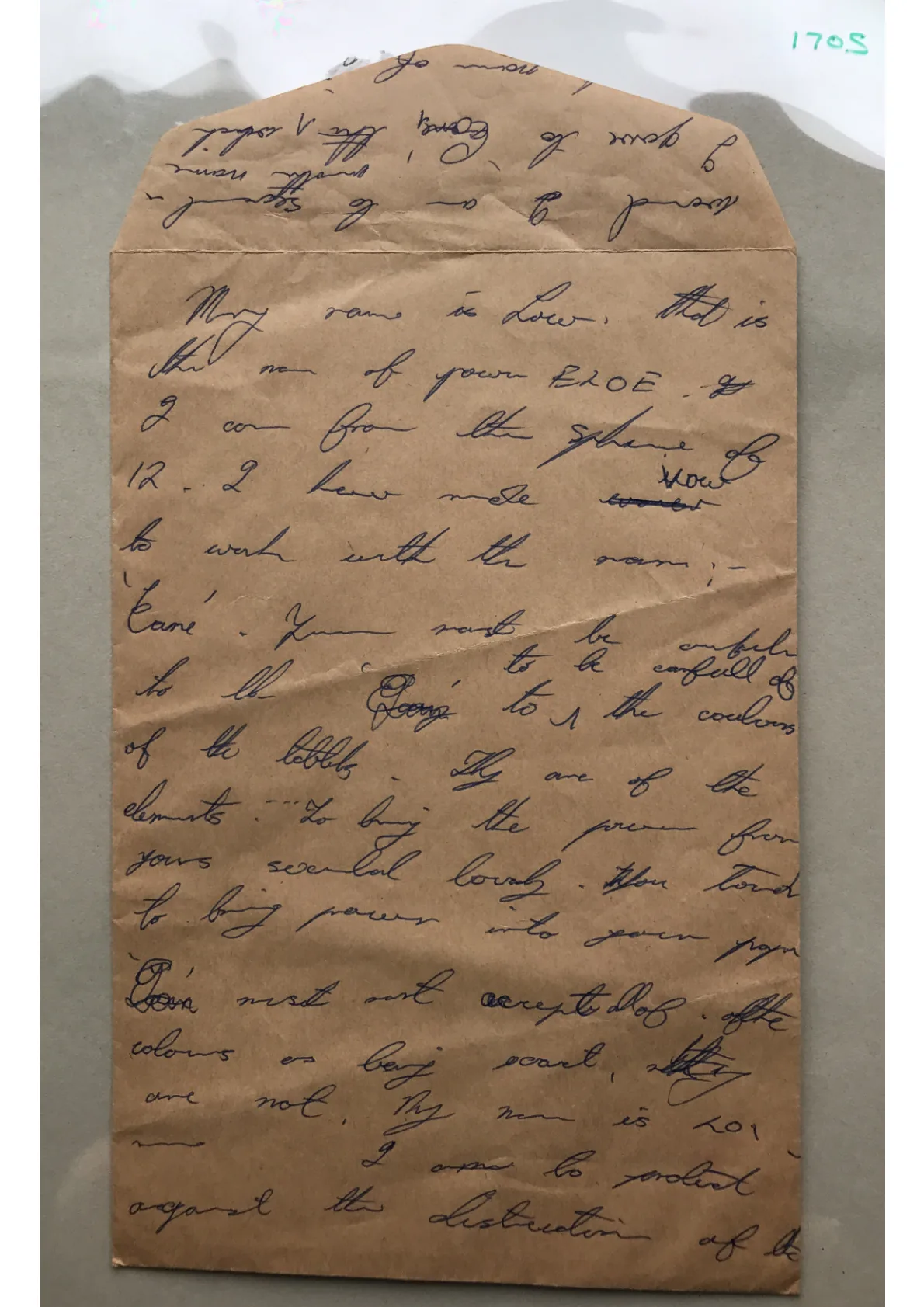 Handwritten notes on envelope, Document 1705