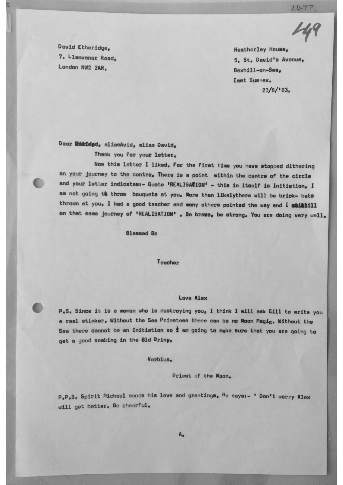Letter from Alex replying to David Etheridge, document 2477