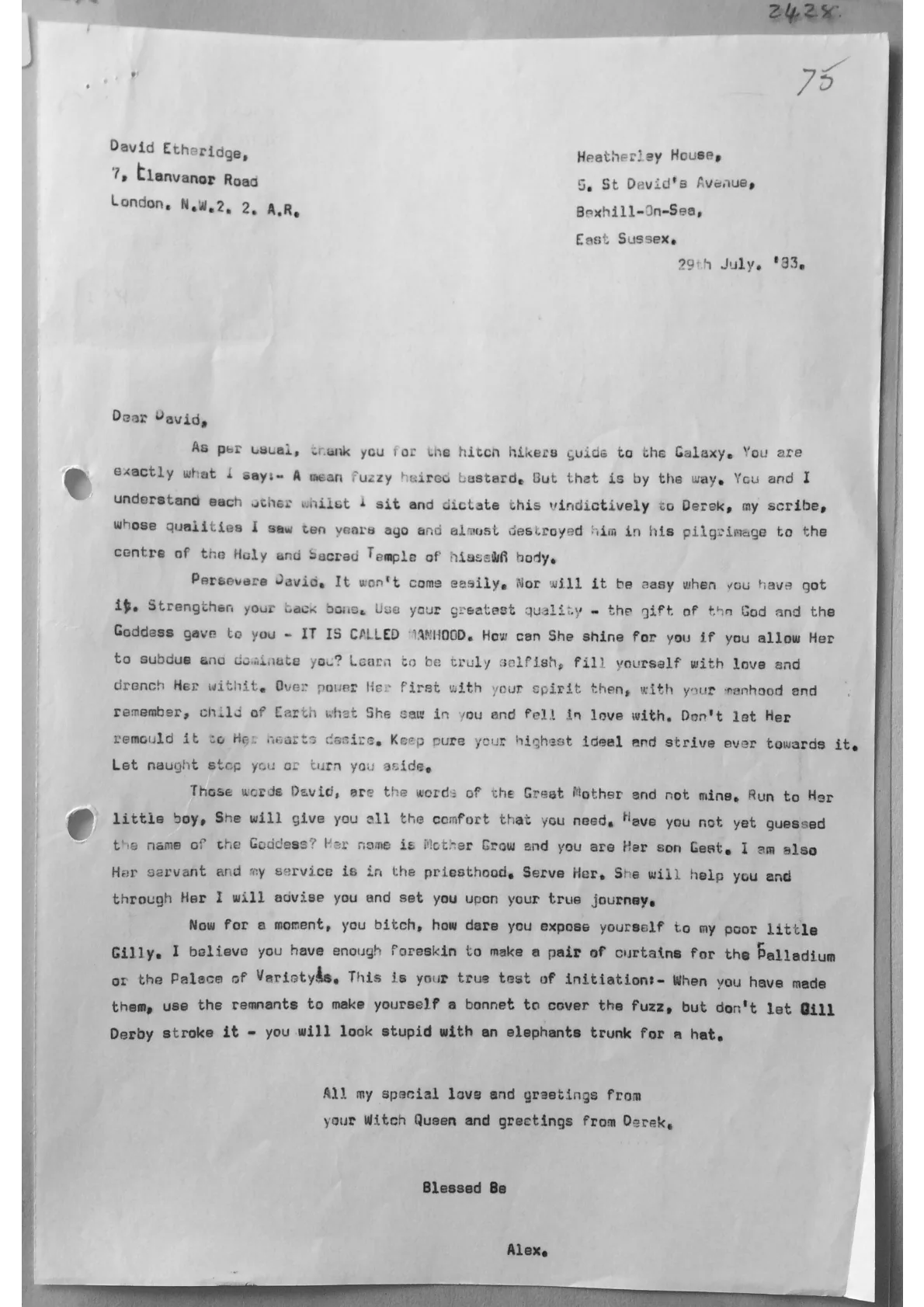 Letter from Alex to David Etheridge, document 2428