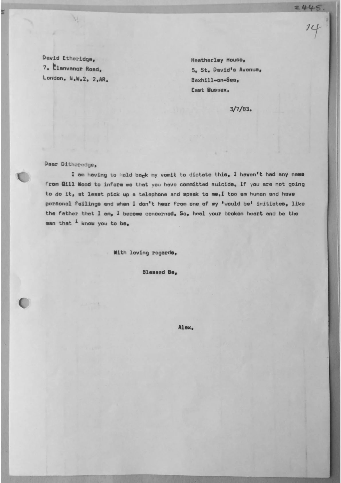 Letter from Alex to David Etheridge, document 2445