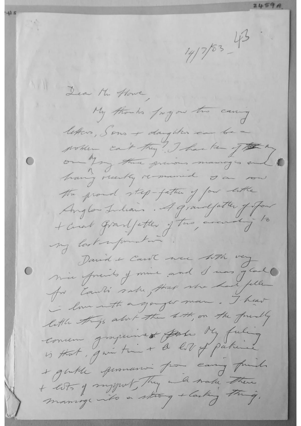 Hand Written letter by Alex Sanders to Mr Howe - discussing family matters, document 2459 a/b