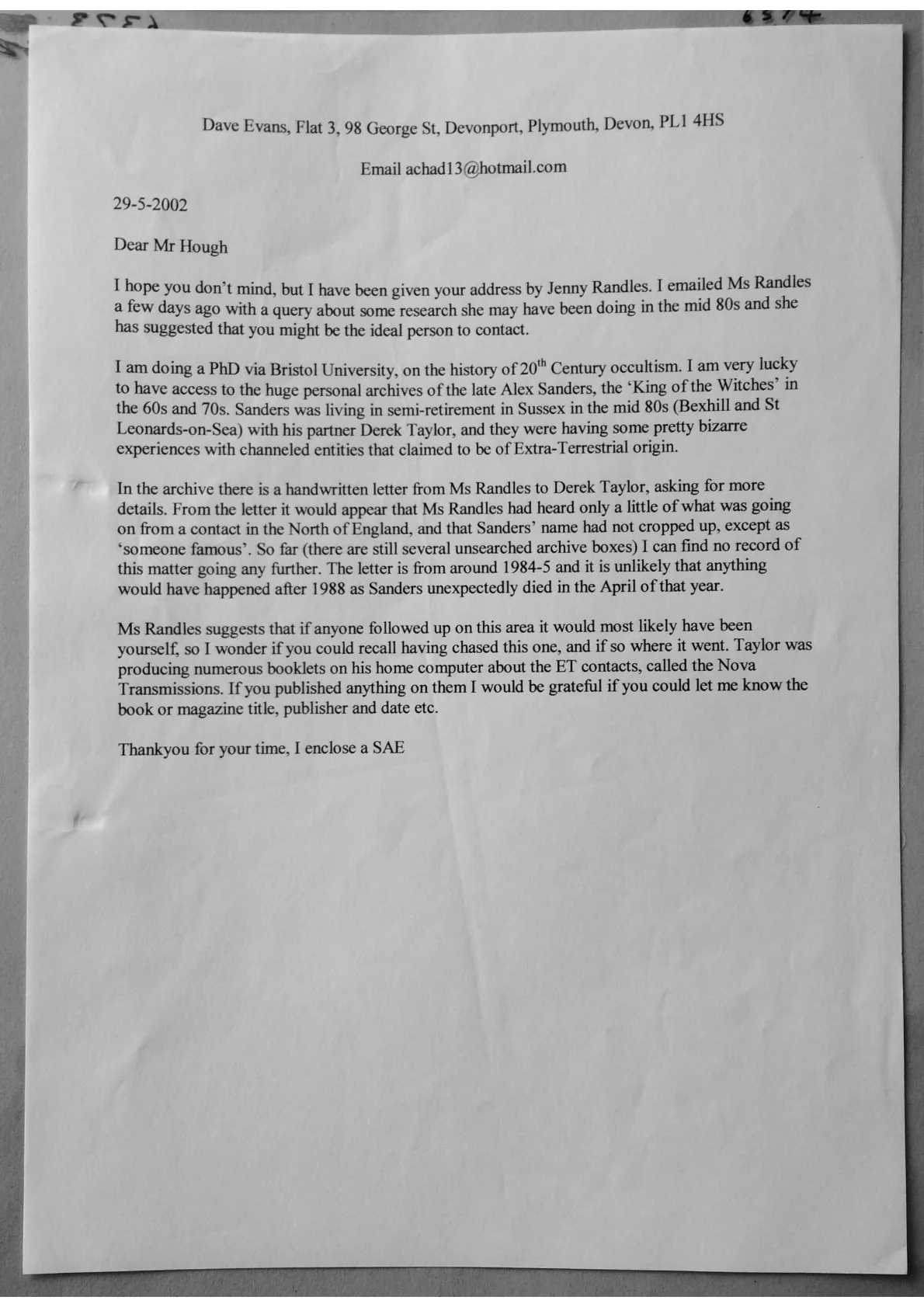 Letter from Dave Evans to Mr Hough.