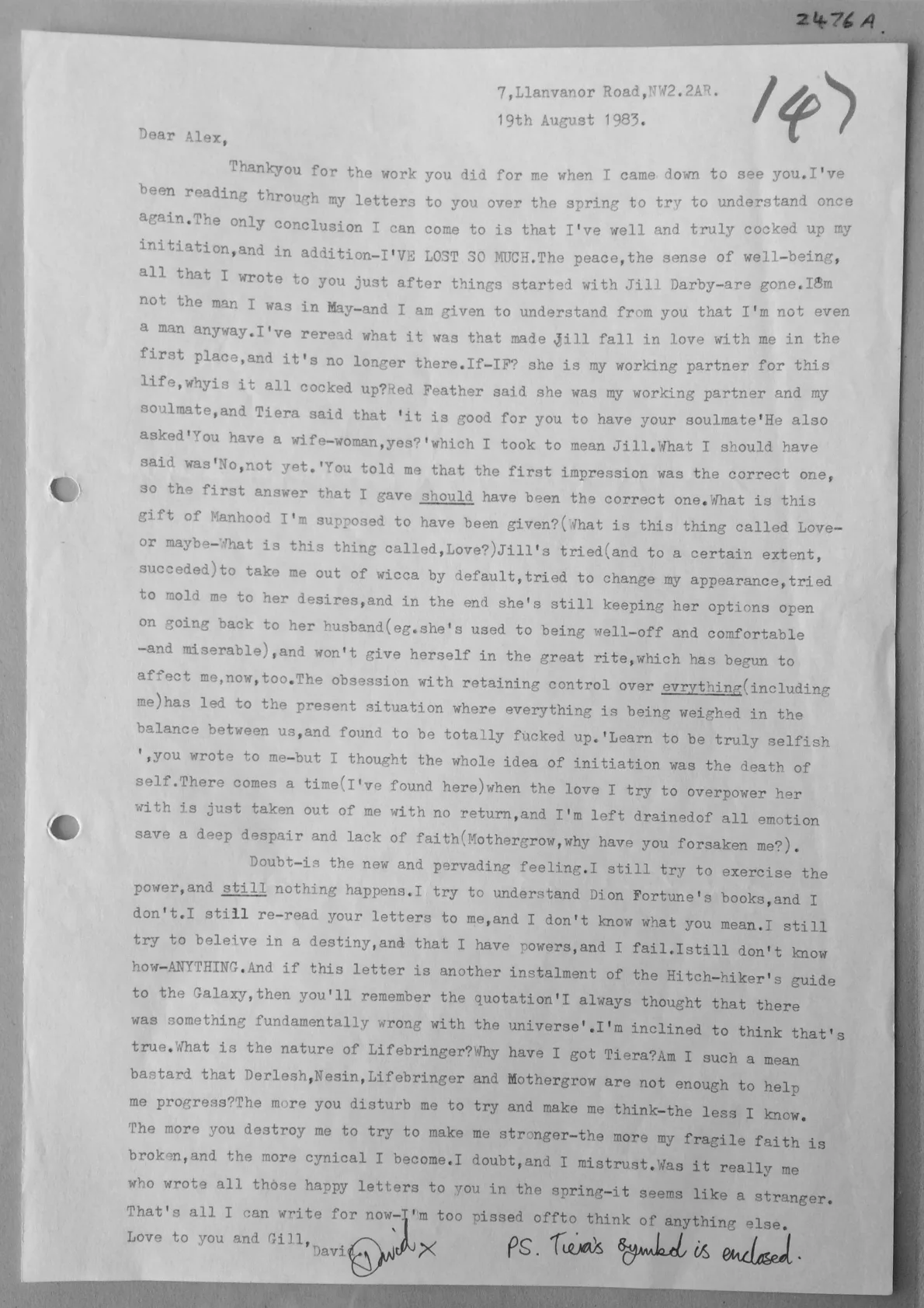 Letter from David Etheridge to Alex, document 2476 a/b