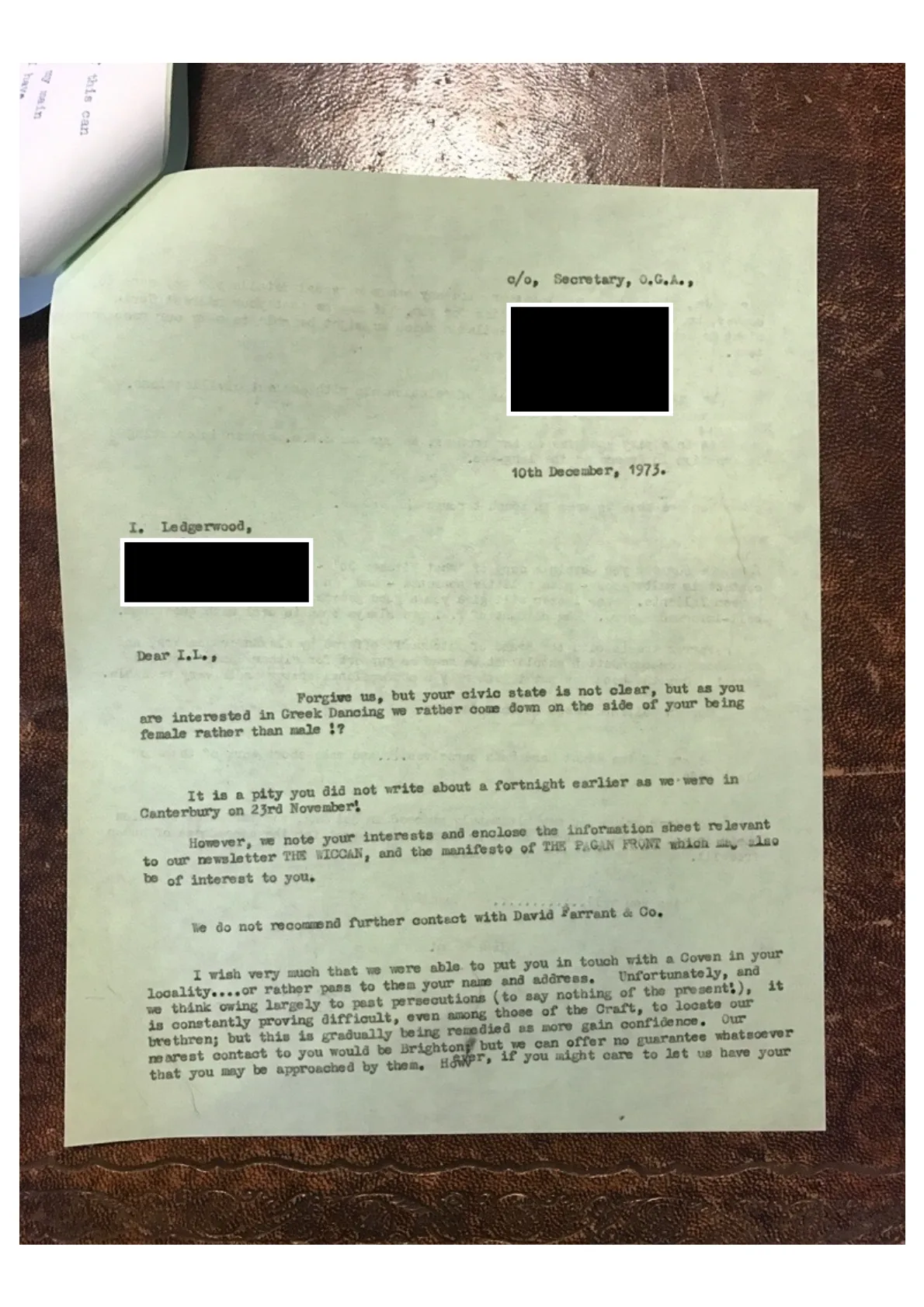 Letter from John Score 'M' to Ian Ledgerwood