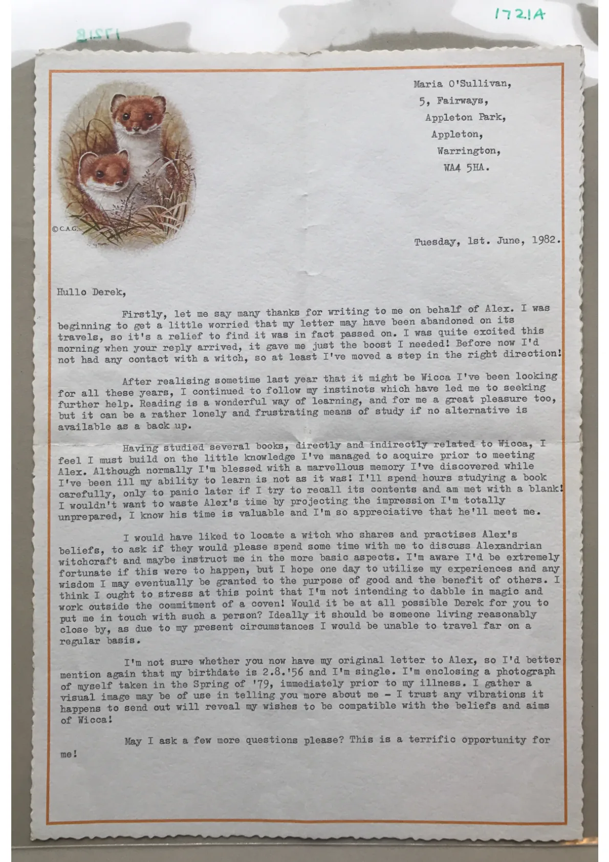 Letter from Maria O'Sullivan to Derek Taylor