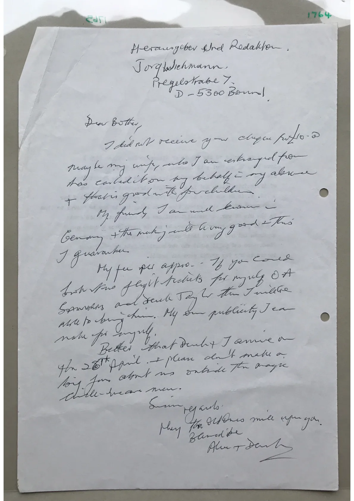 Letter proposing a trip to Germany, document 1764