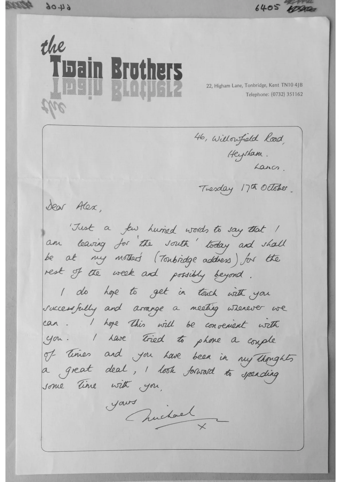 Letter to Alex from Michael. Document 6405