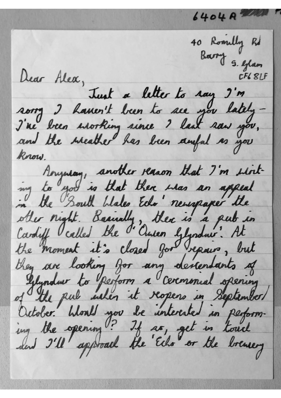 Letter asking Alex Sanders to open Pub with a ceremony, document 6404 a/c