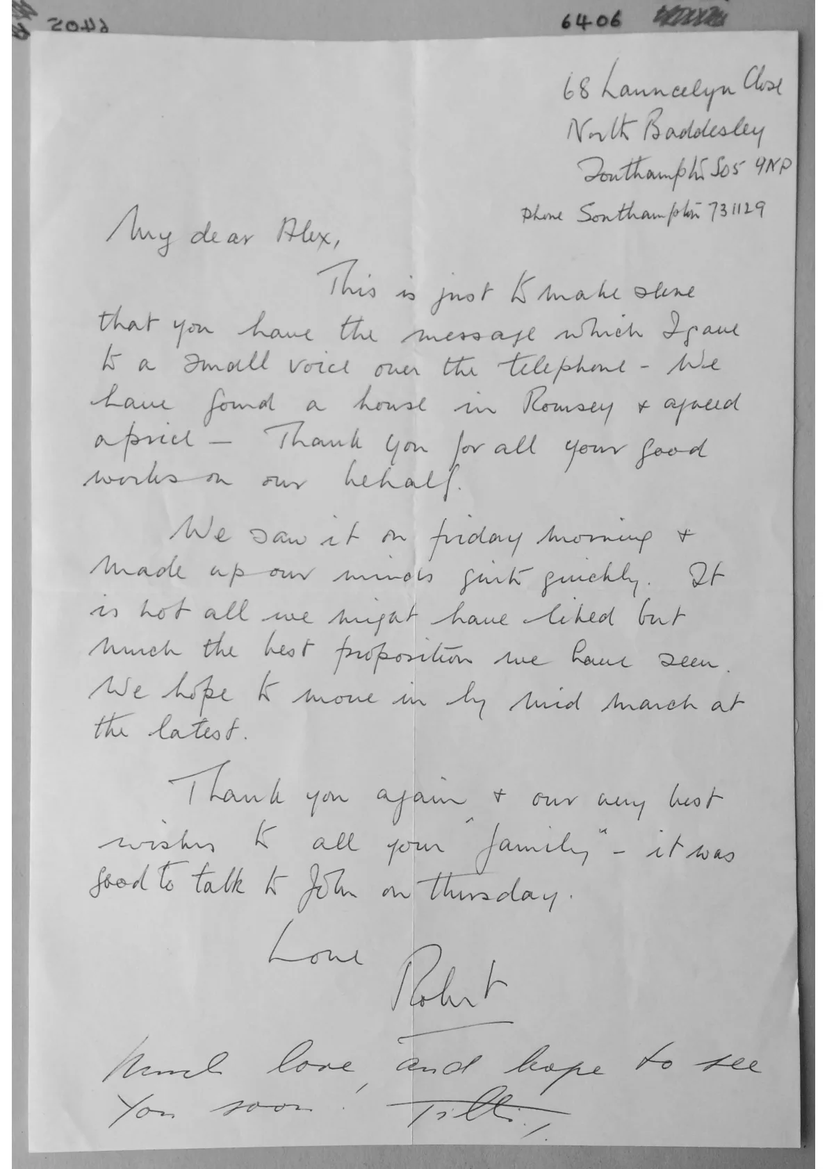 Letter to Alex from Robert. MWM Document 6406