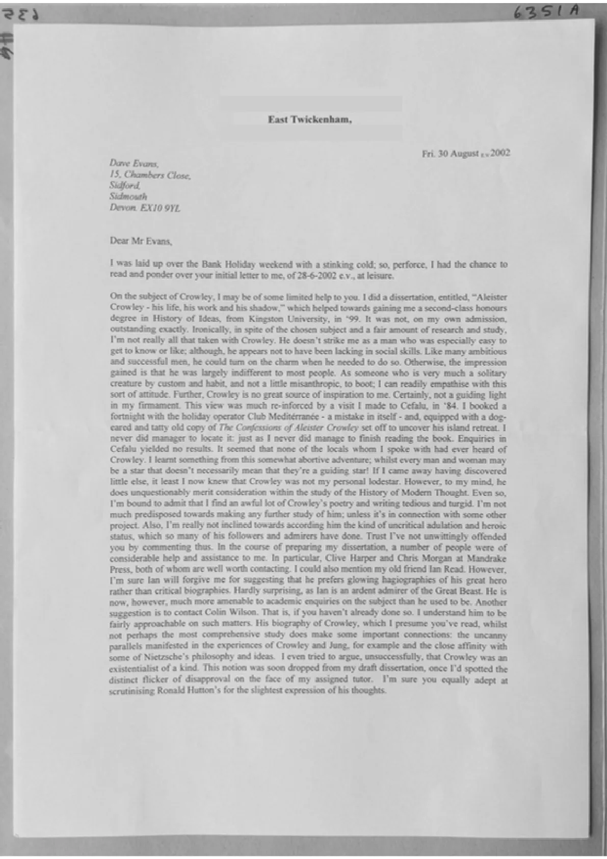 Letter to David Evans from a correspondent. Document 6351a-b-c-d-e