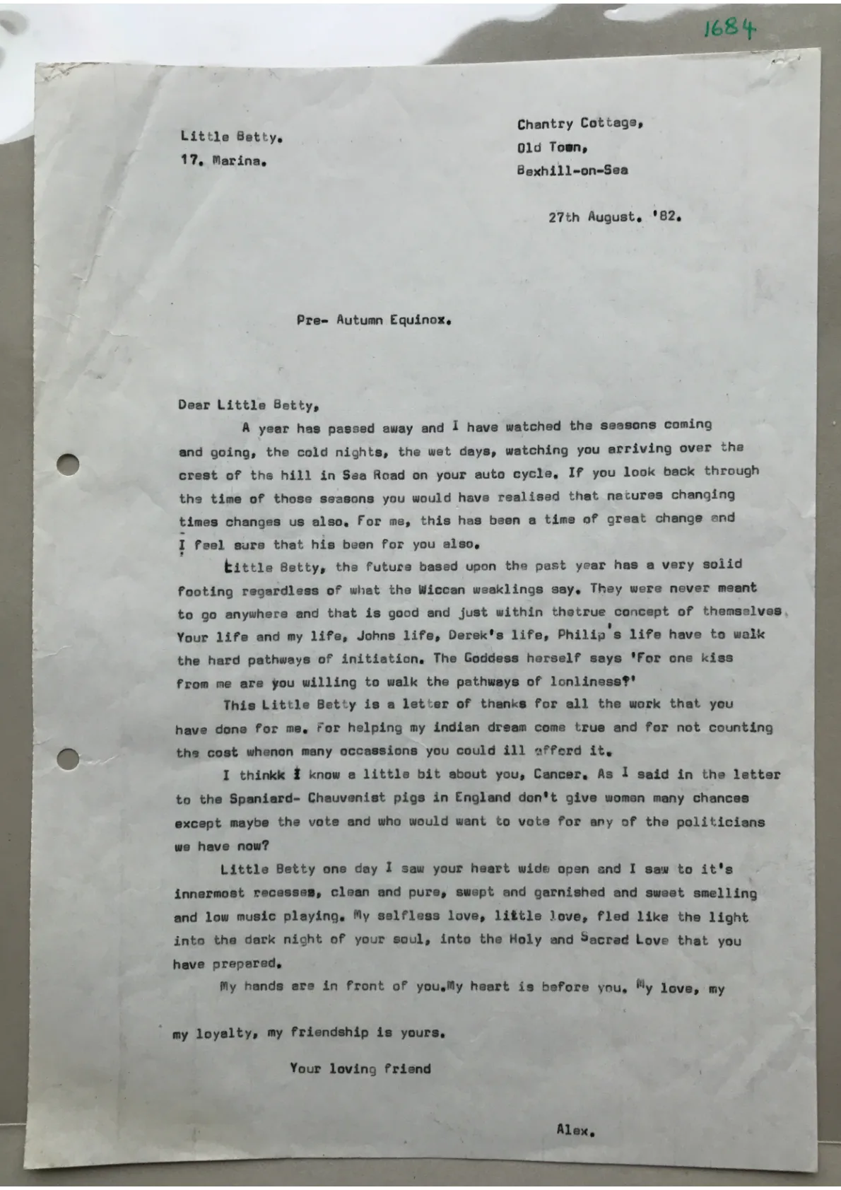 Letter to 'Little Betty' from Alex Sanders, document 1684