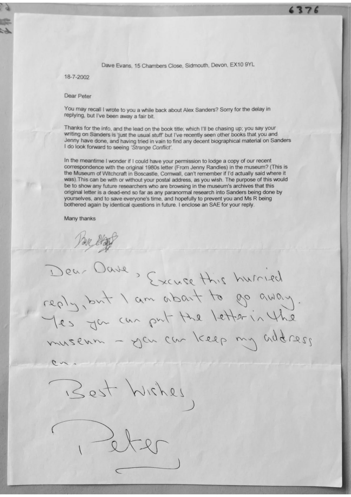 Letter to 'Peter' [Hough] from David Evans. Document 6376