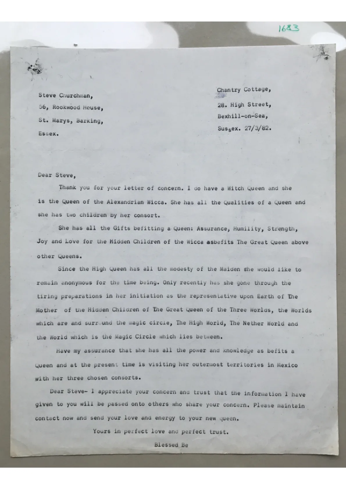 Letter to Steve Churchman from Alex sanders, document 1683