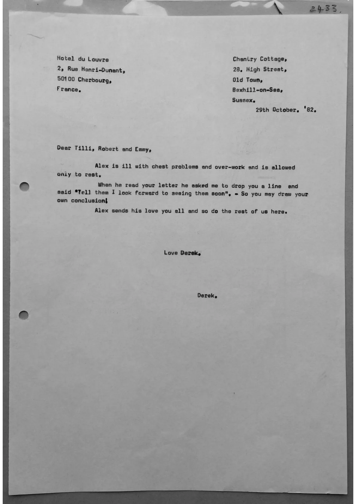 Letter to Tilli, Robert and Emmy from Derek, document 2433