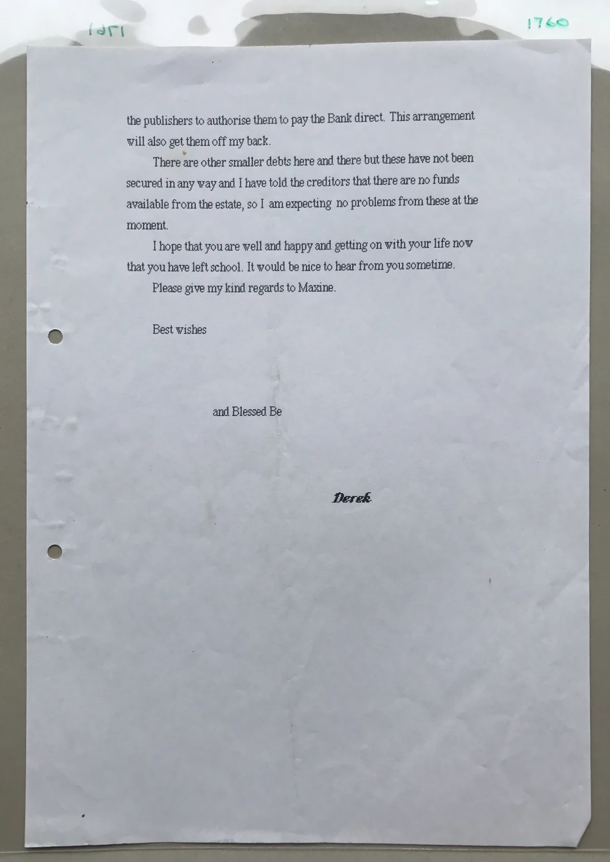 Part letter from Derek Taylor, document 1760