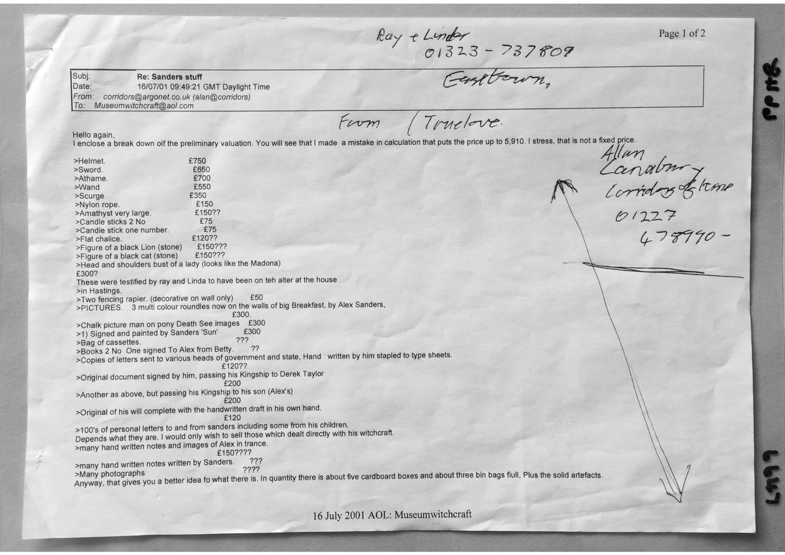 Letter with valuations of some of Alex Sanders' personal items, document 6647, 6648
