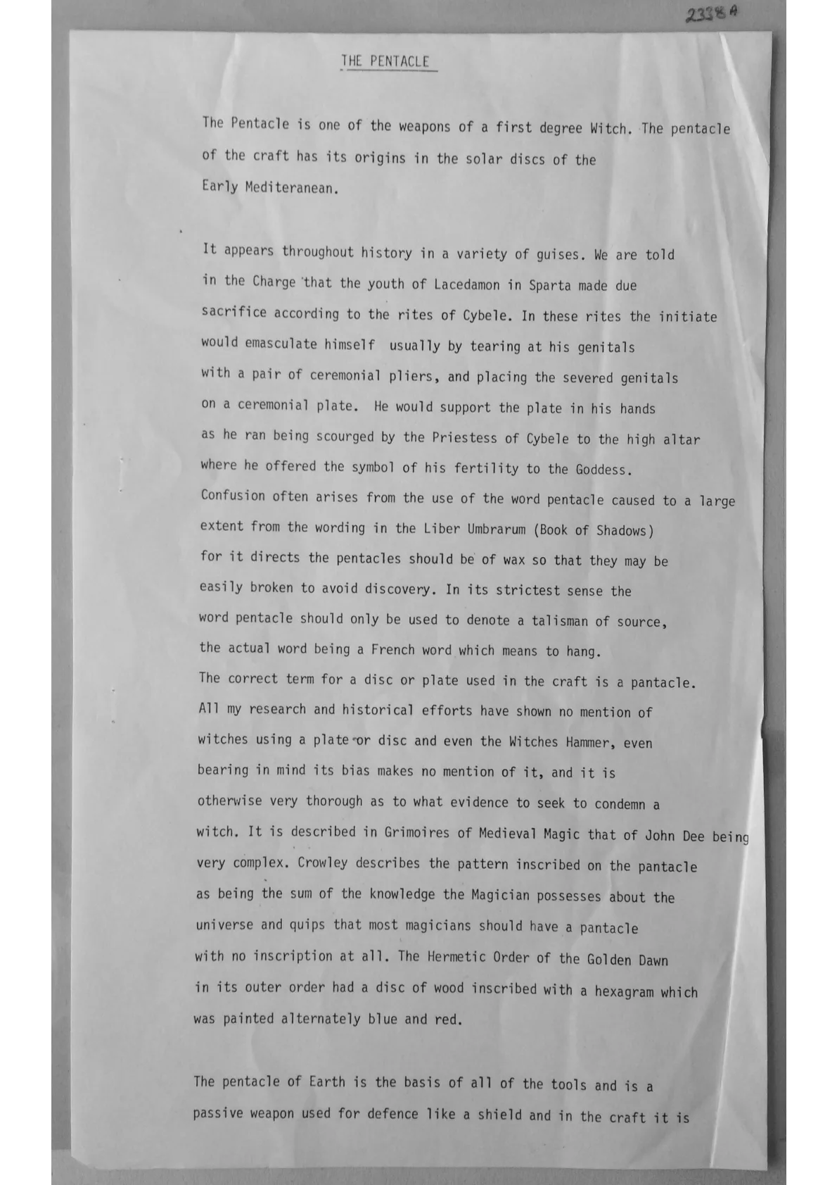 The Pentacle Lecture. Document 2338a-b-c-d