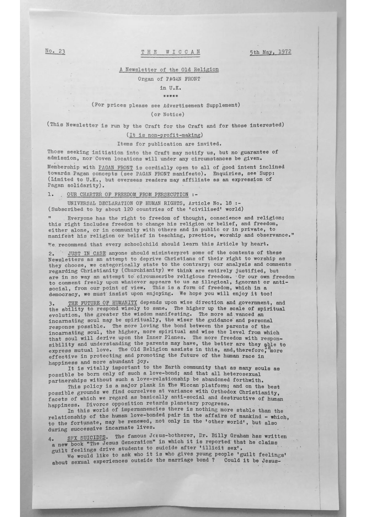 The Wiccan Newsletter no.23, Published in 1972.