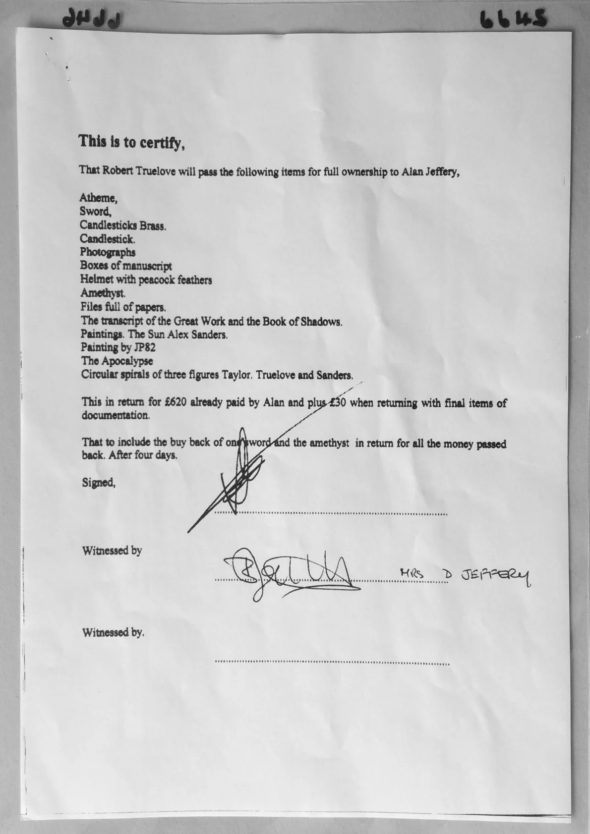 Document clarifying a changeover in possession of Alex Sanders' items, document 6645