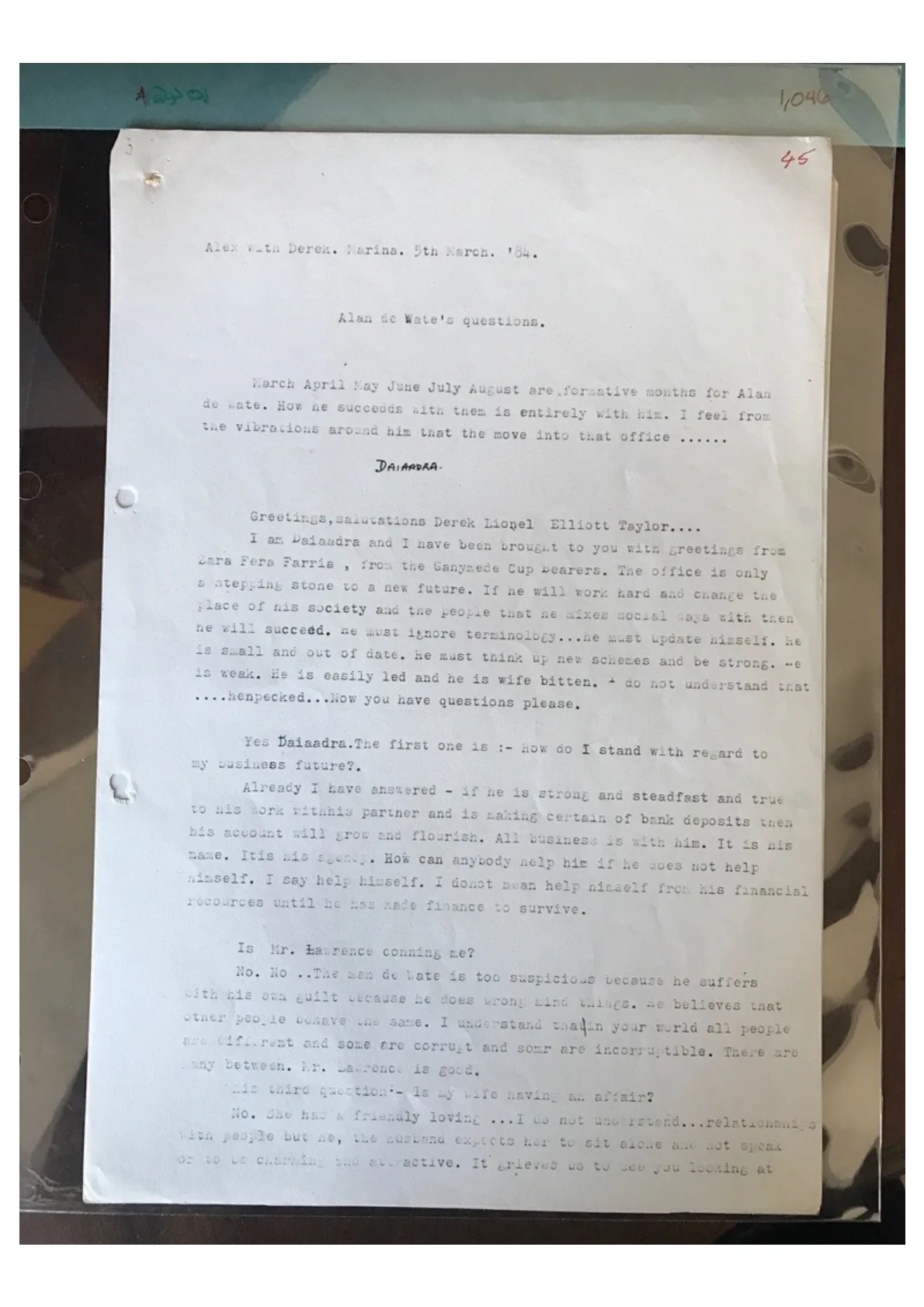 Trance Notes - Alan de Wate's questions, document 1046