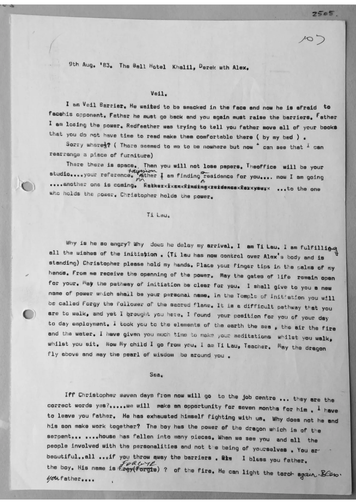 Trance transcripts from The Bell Hotel. Doc 2505