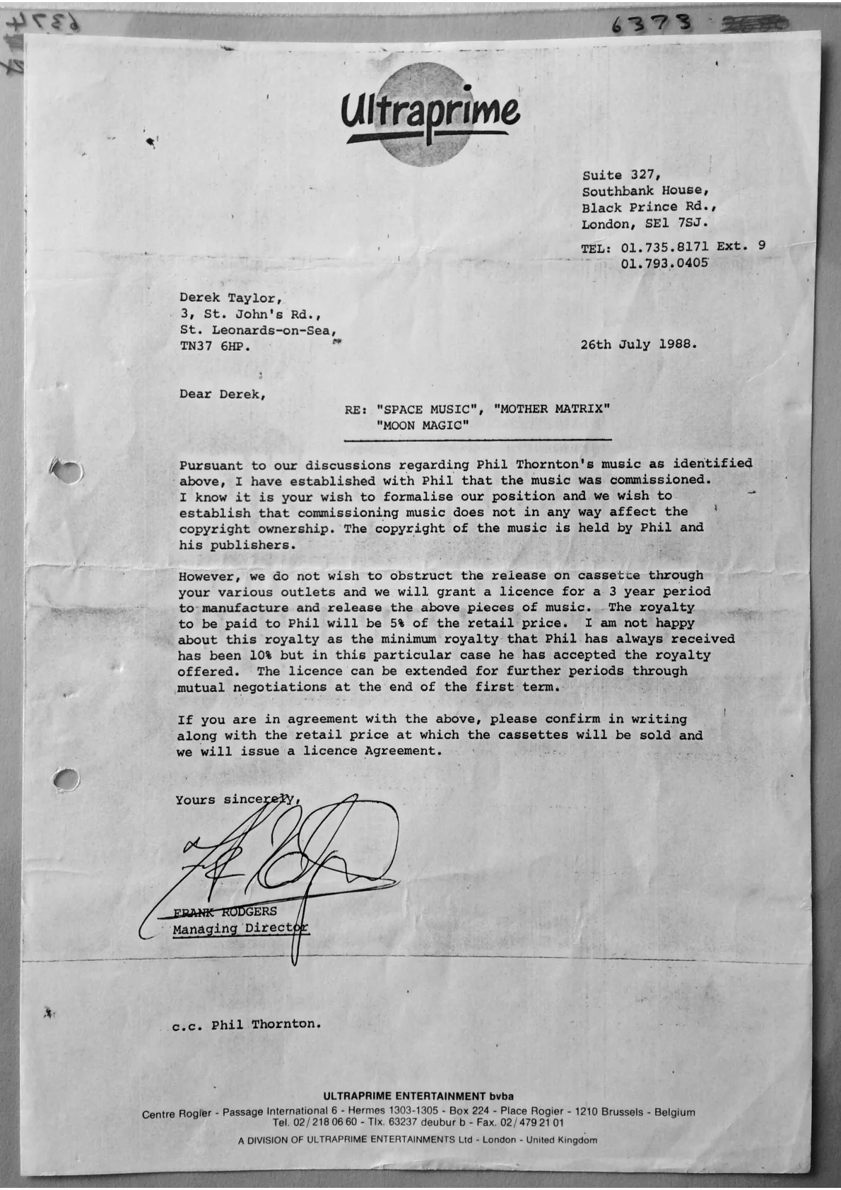 Letter to Derek Taylor from Ultraprime discussing royalties