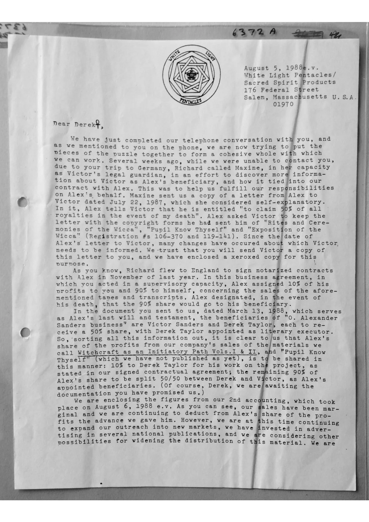 White Light Pentacles - Letter to Derek Taylor doc. 6372a
