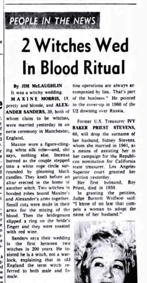 '2 Witches Wed In Blood Ritual', The Indianapolis News, 8 December 1965