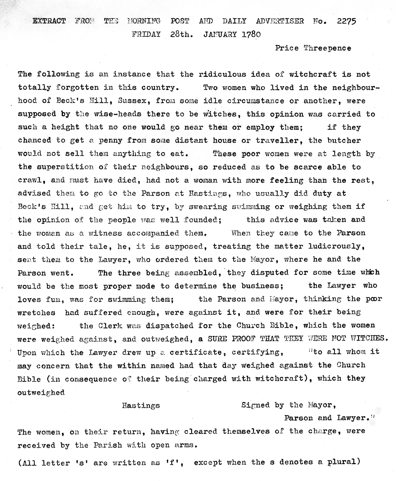 Report of the 1780 Bexhill witch trial, Morning Post and Daily Advertiser, 28 January 1780