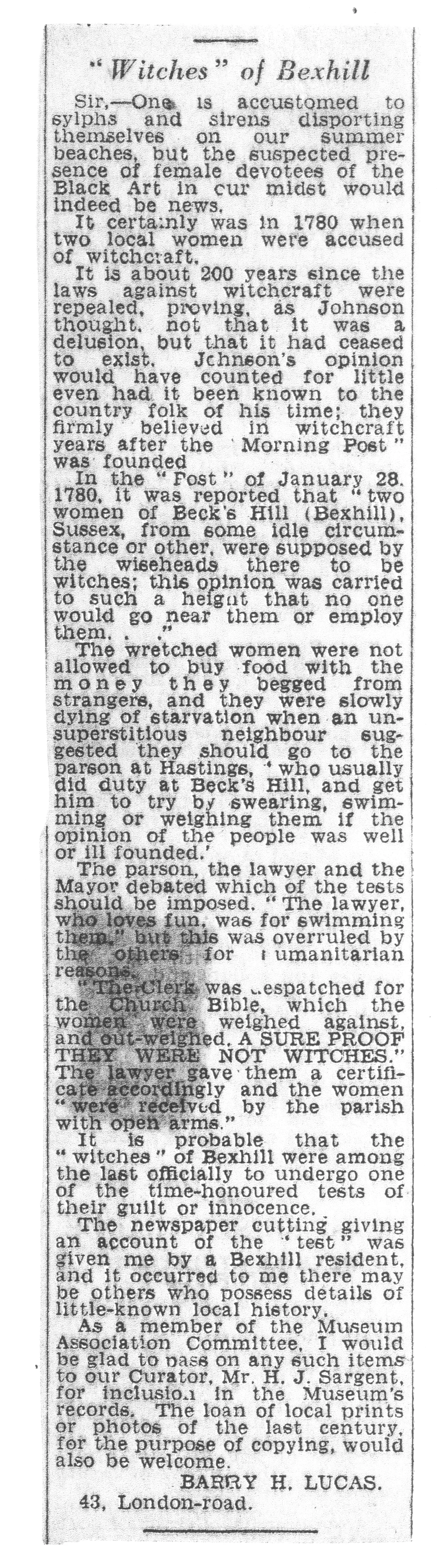 'Witches of Bexhill', letter by Barry H. Lucas, probably the Bexhill Observer, 1930s