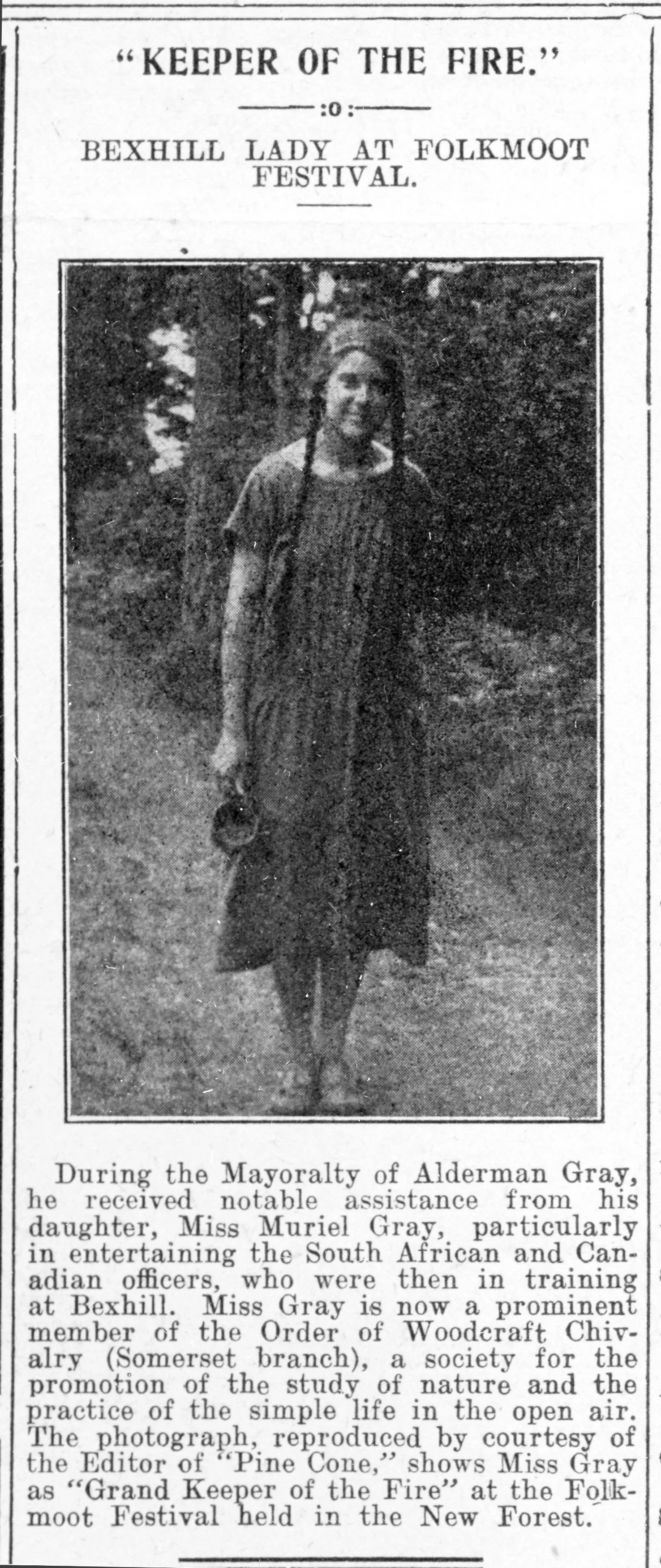 'Keeper of the Fire', Bexhill lady at Folkmoot festival, Bexhill Observer, 27 November 1926