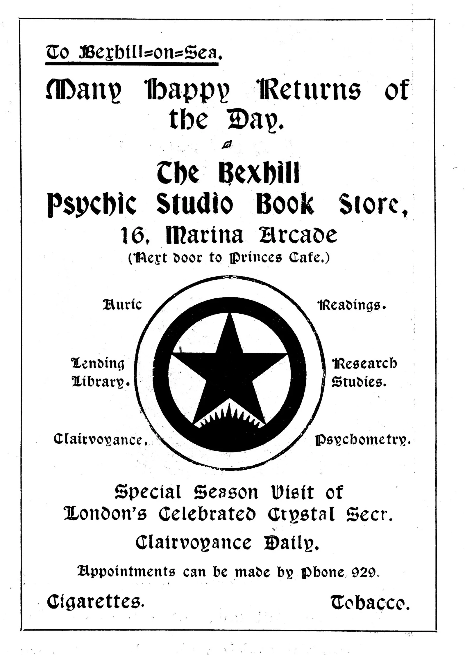 The Bexhill Psychic Studio Book Store, advertisement in the Bexhill Pageant programme, 20 July 1927