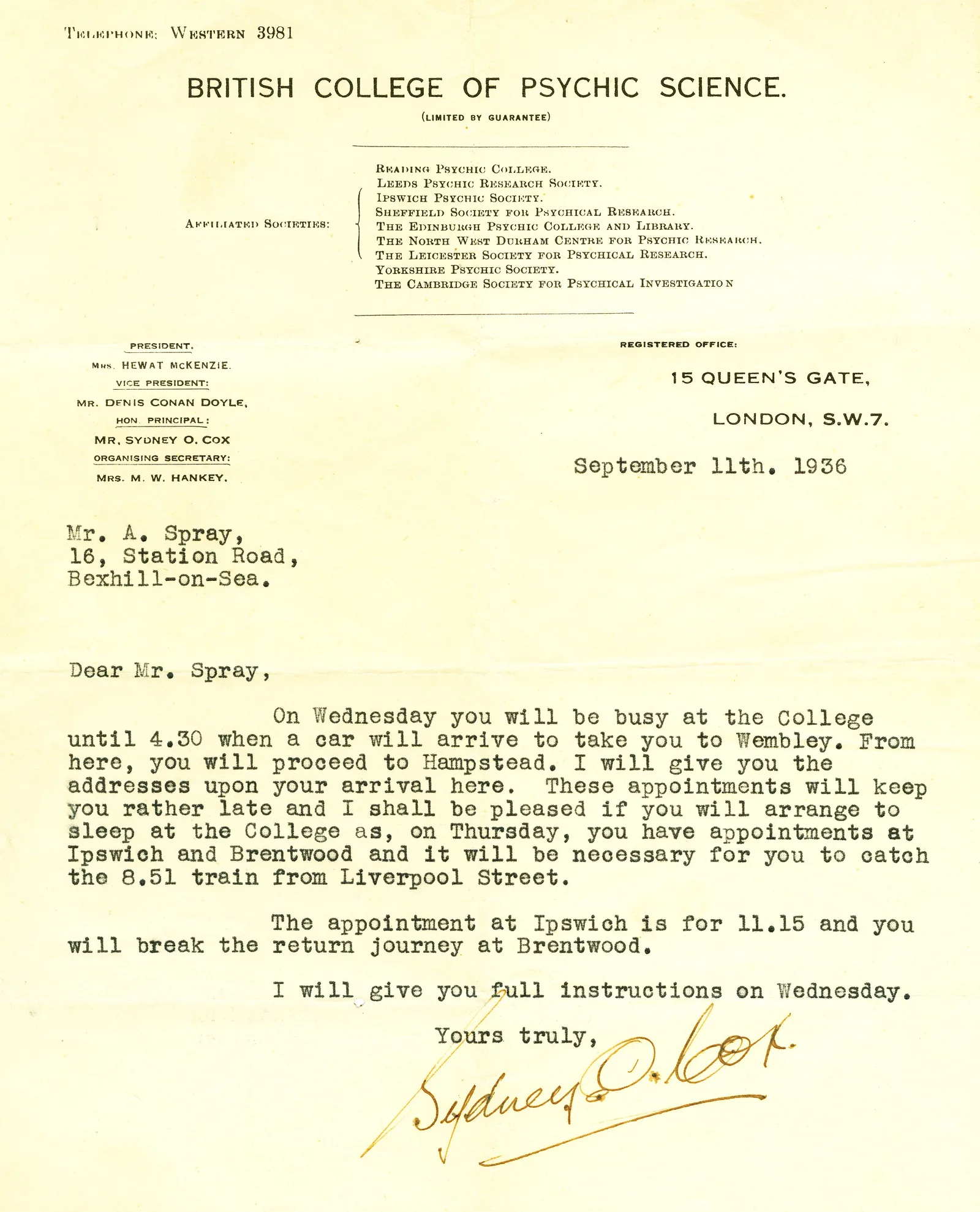 Letter from the British College of Psychic Science to Arthur Spray, 11 September 1936