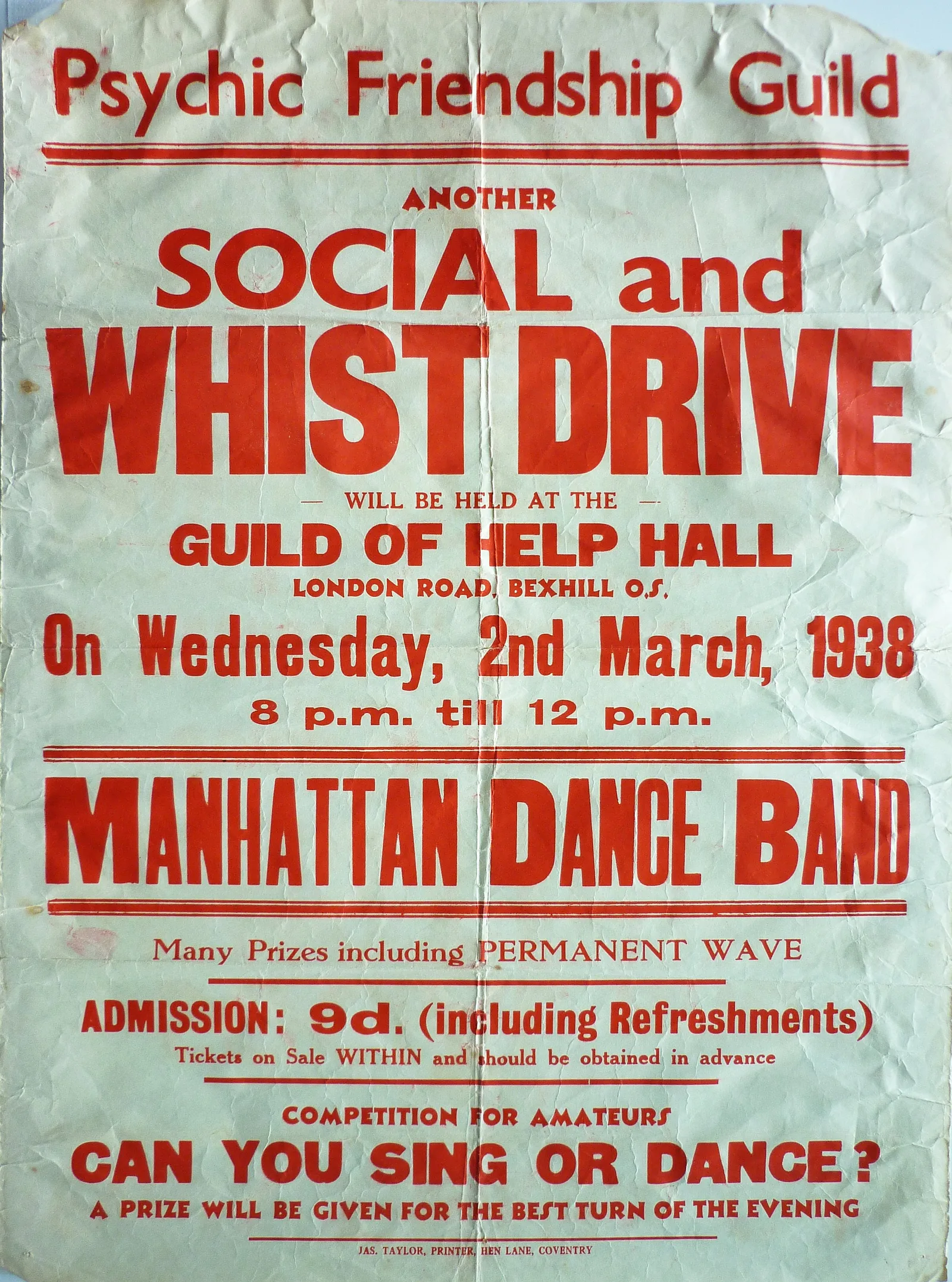 Psychic Friendship Guild social and whist drive poster, 2 March 1938