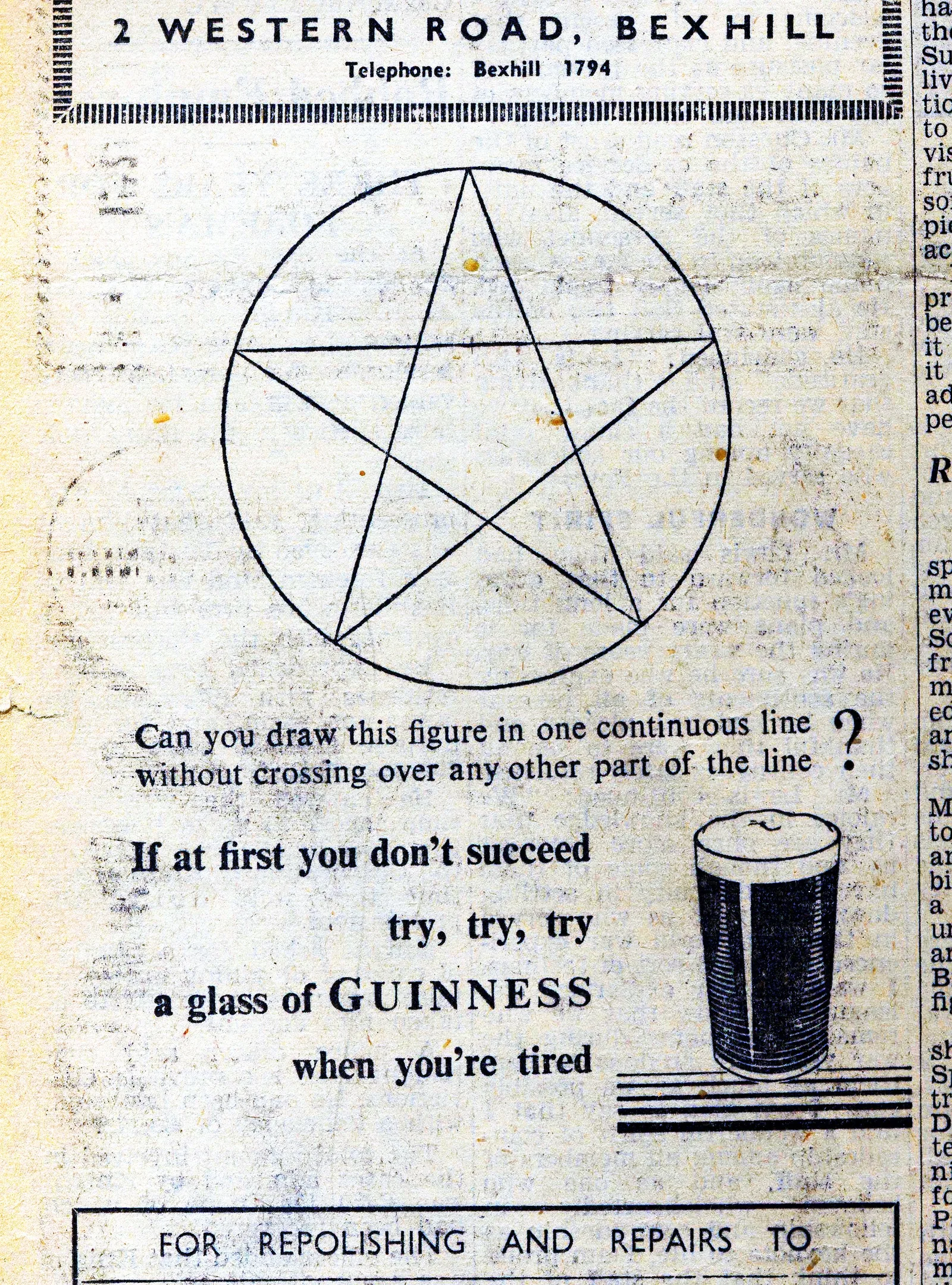 Guinness advertisement with a pentagram, Bexhill Observer, 21 September 1946